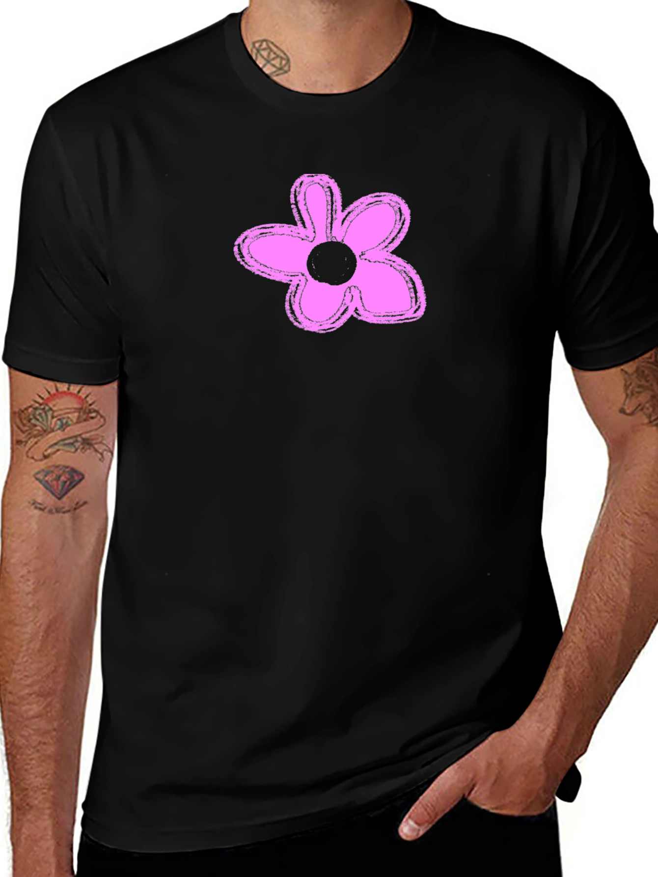 Mens Black T-Shirt with Pink Flower Graphic