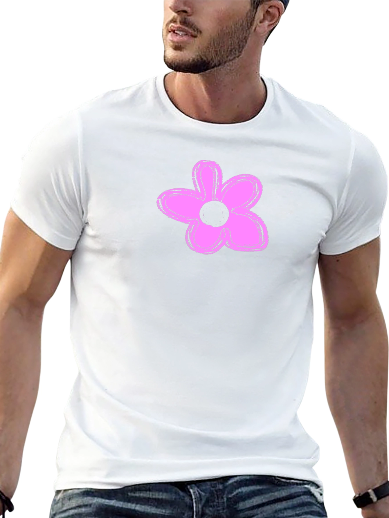 Mens Black T-Shirt with Pink Flower Graphic
