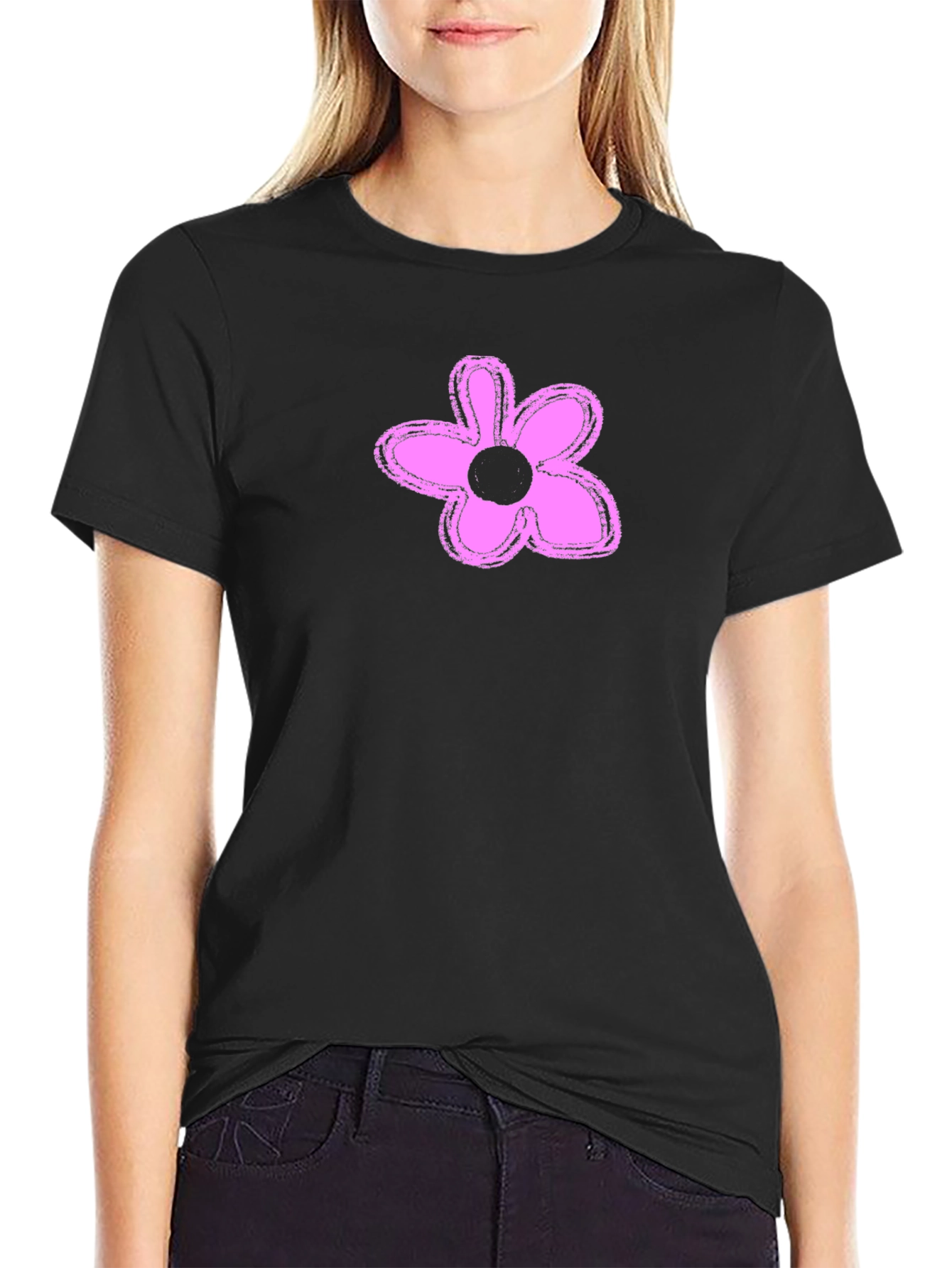 Mens Black T-Shirt with Pink Flower Graphic