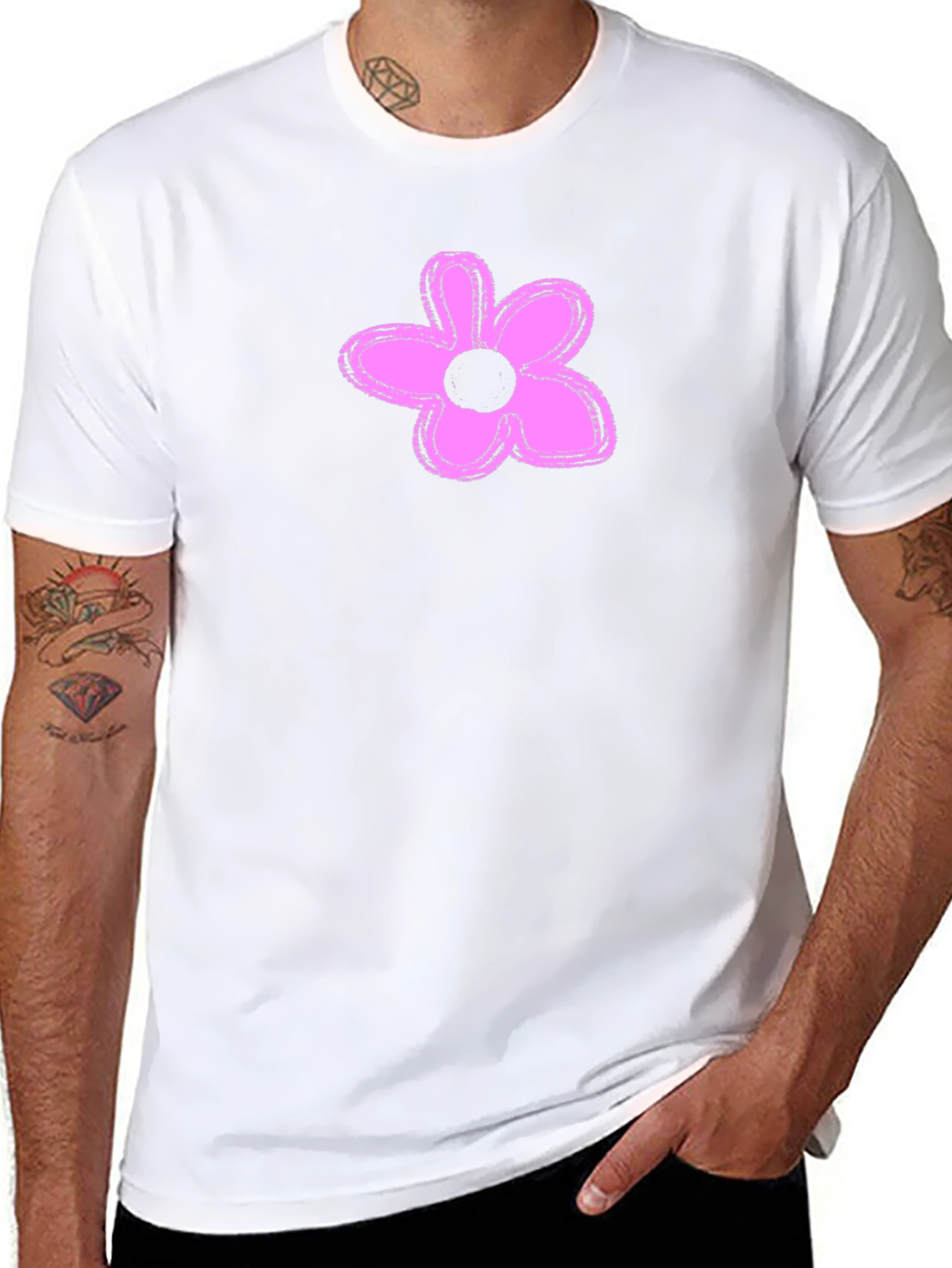 Mens Black T-Shirt with Pink Flower Graphic