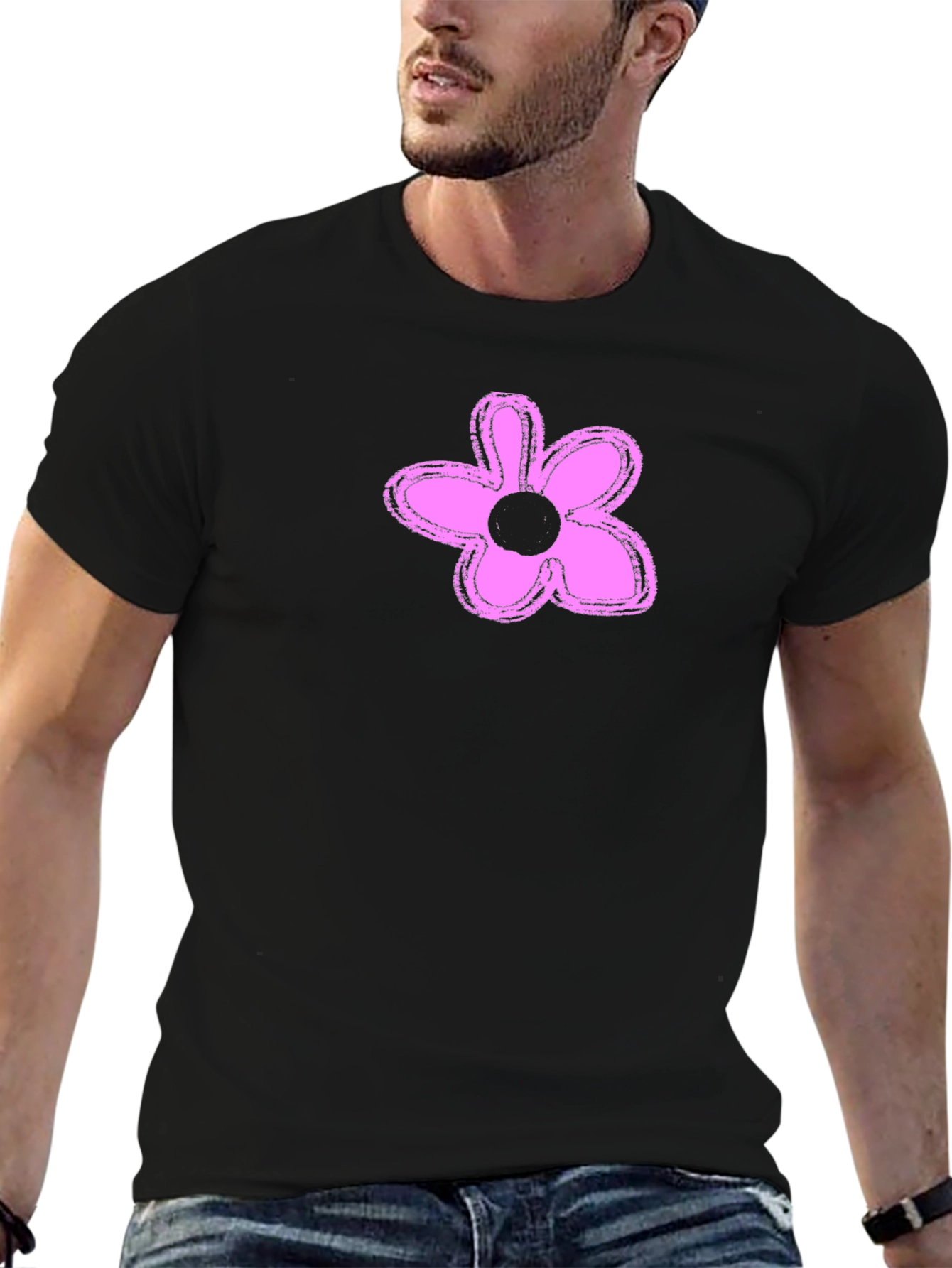 Mens Black T-Shirt with Pink Flower Graphic