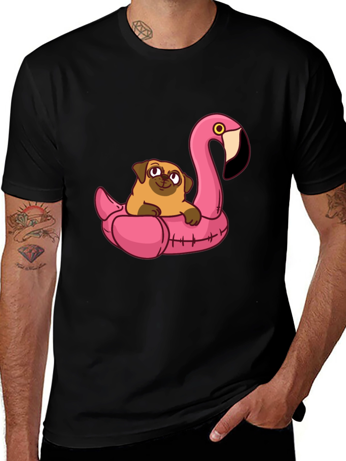 Pug on Flamingo Float Graphic Tee