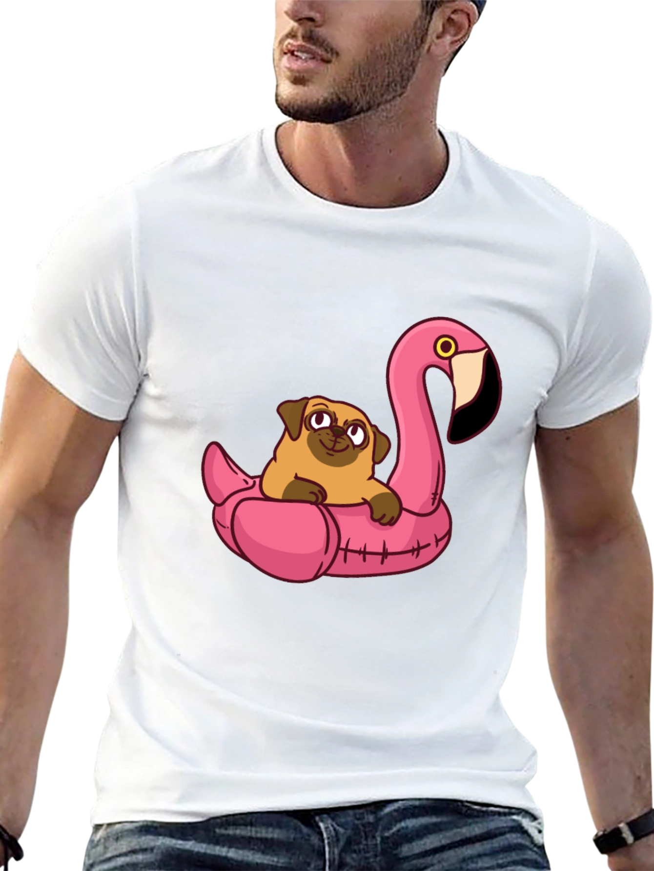 Pug on Flamingo Float Graphic Tee