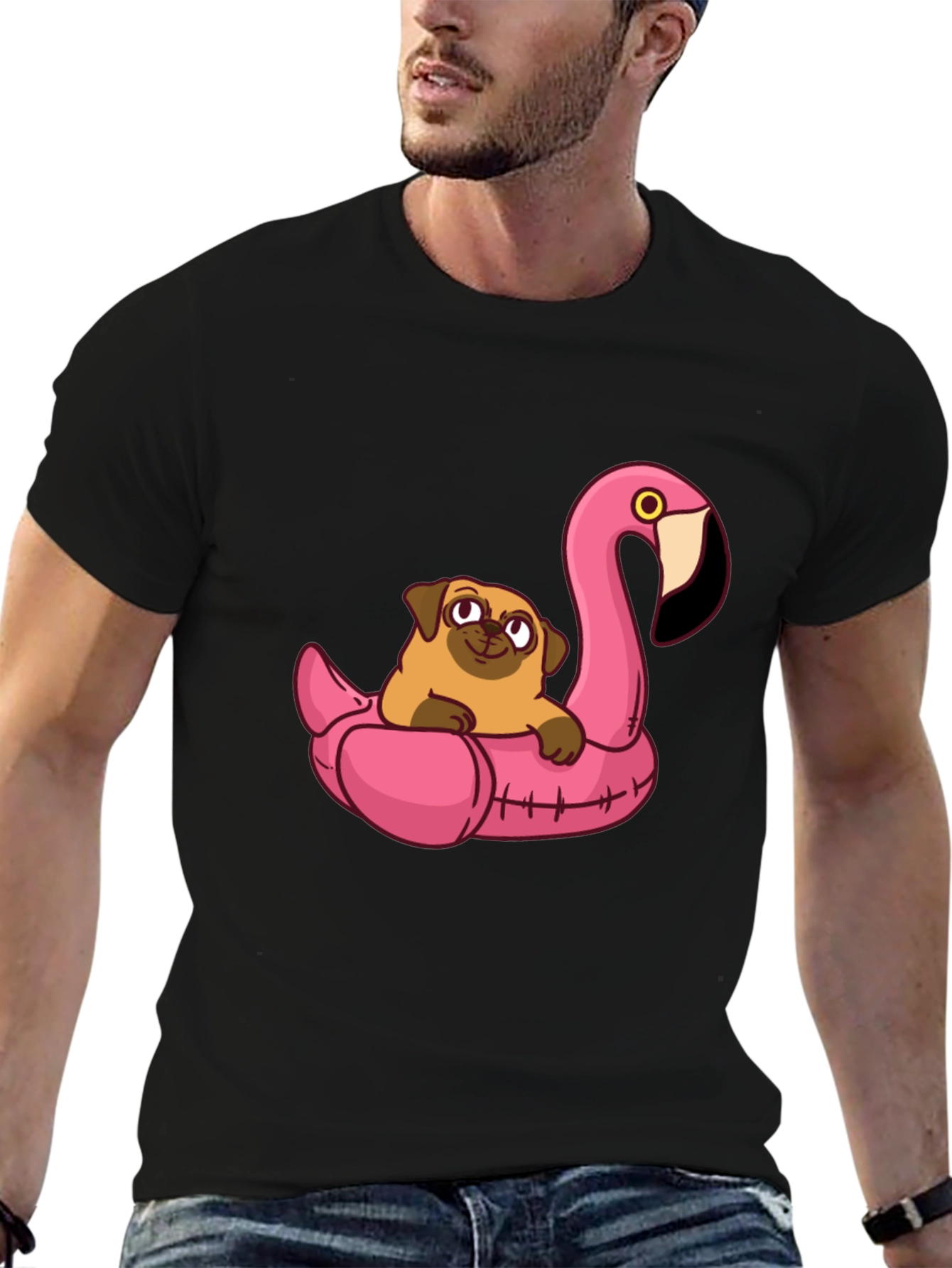 Pug on Flamingo Float Graphic Tee