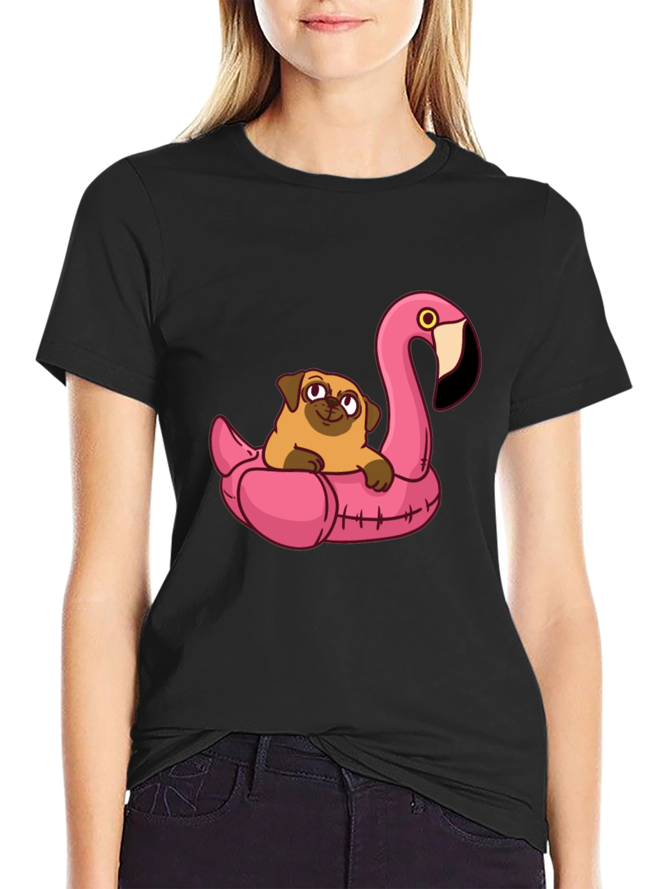 Pug on Flamingo Float Graphic Tee
