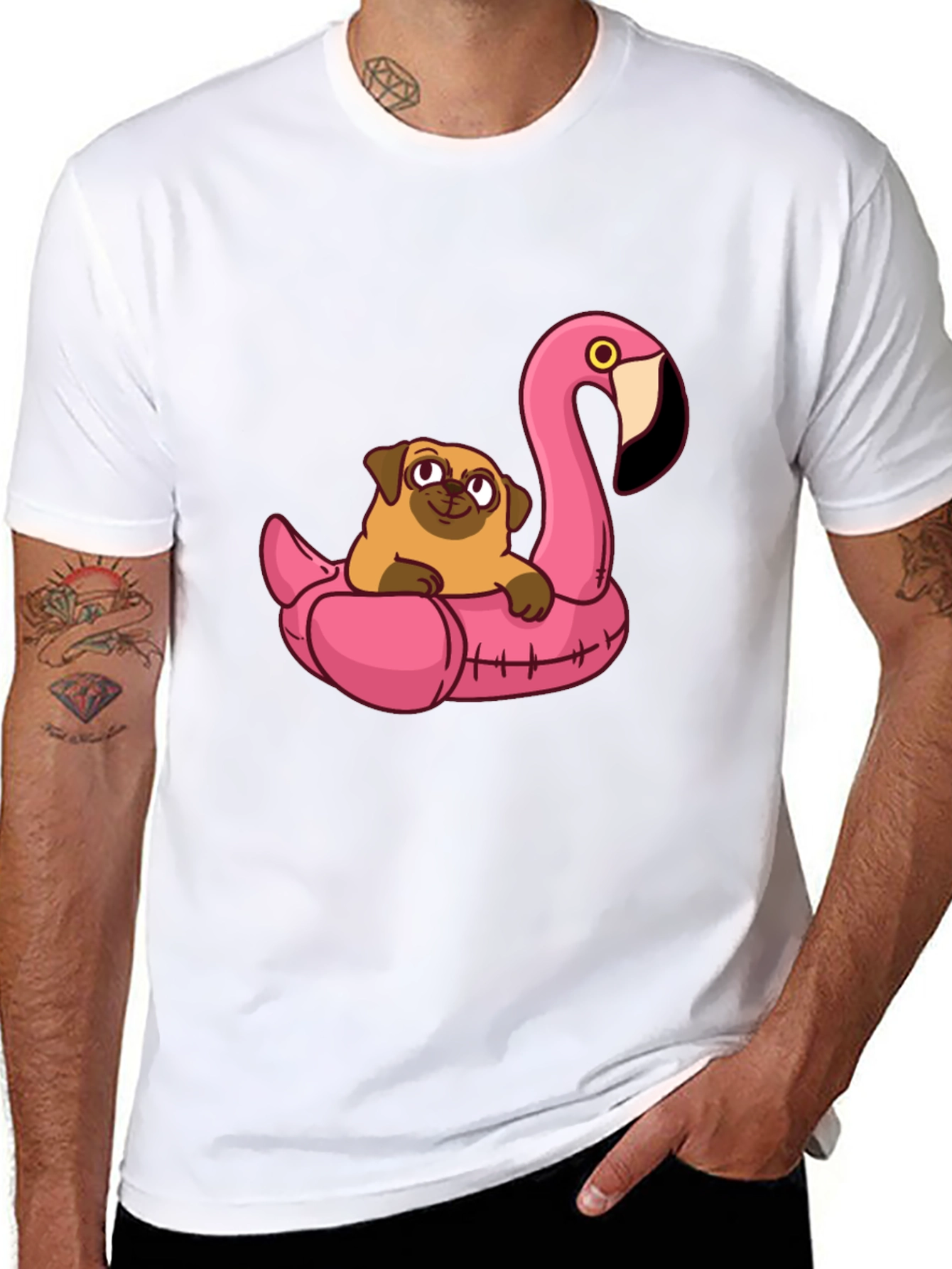 Pug on Flamingo Float Graphic Tee
