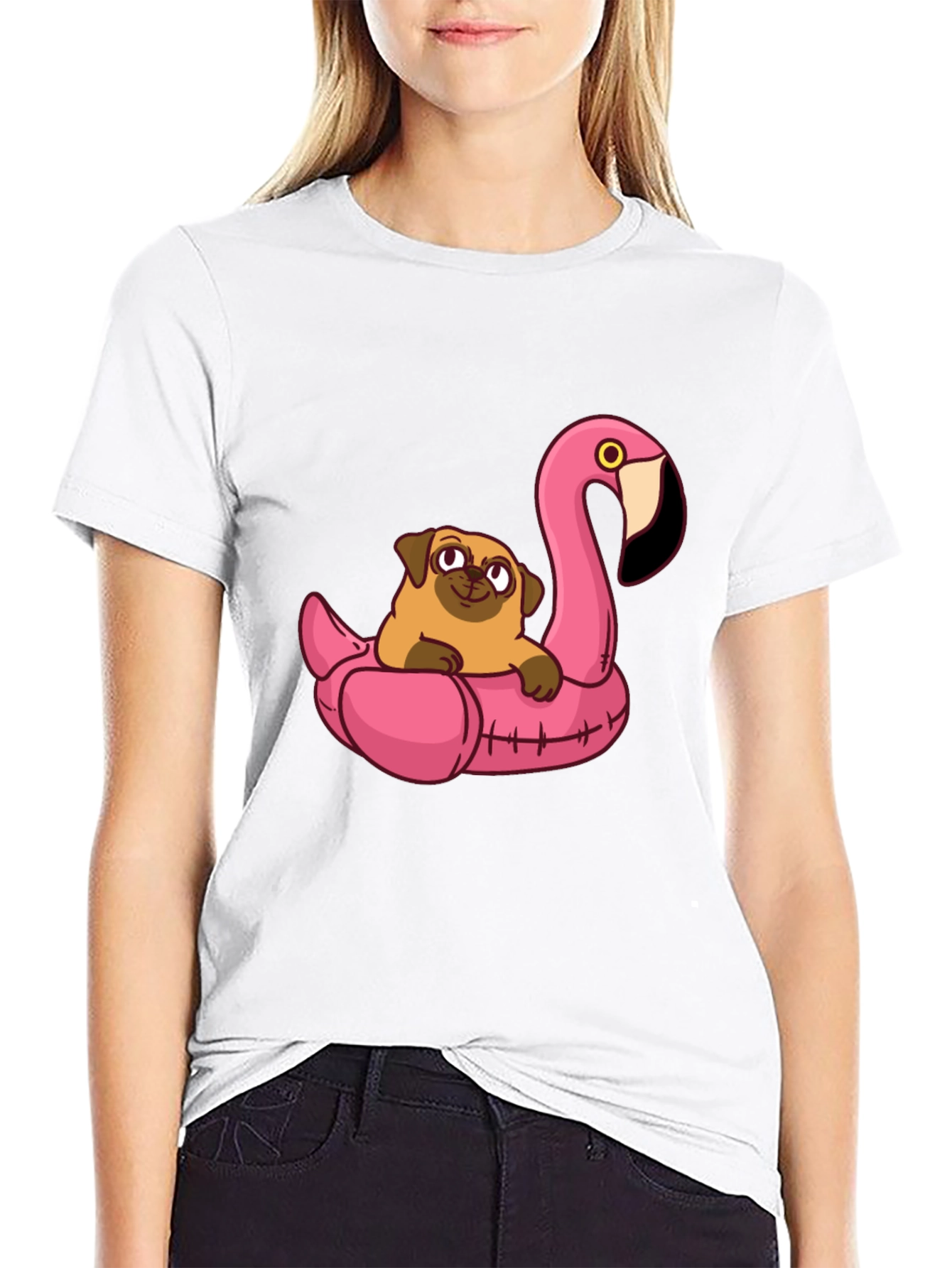 Pug on Flamingo Float Graphic Tee