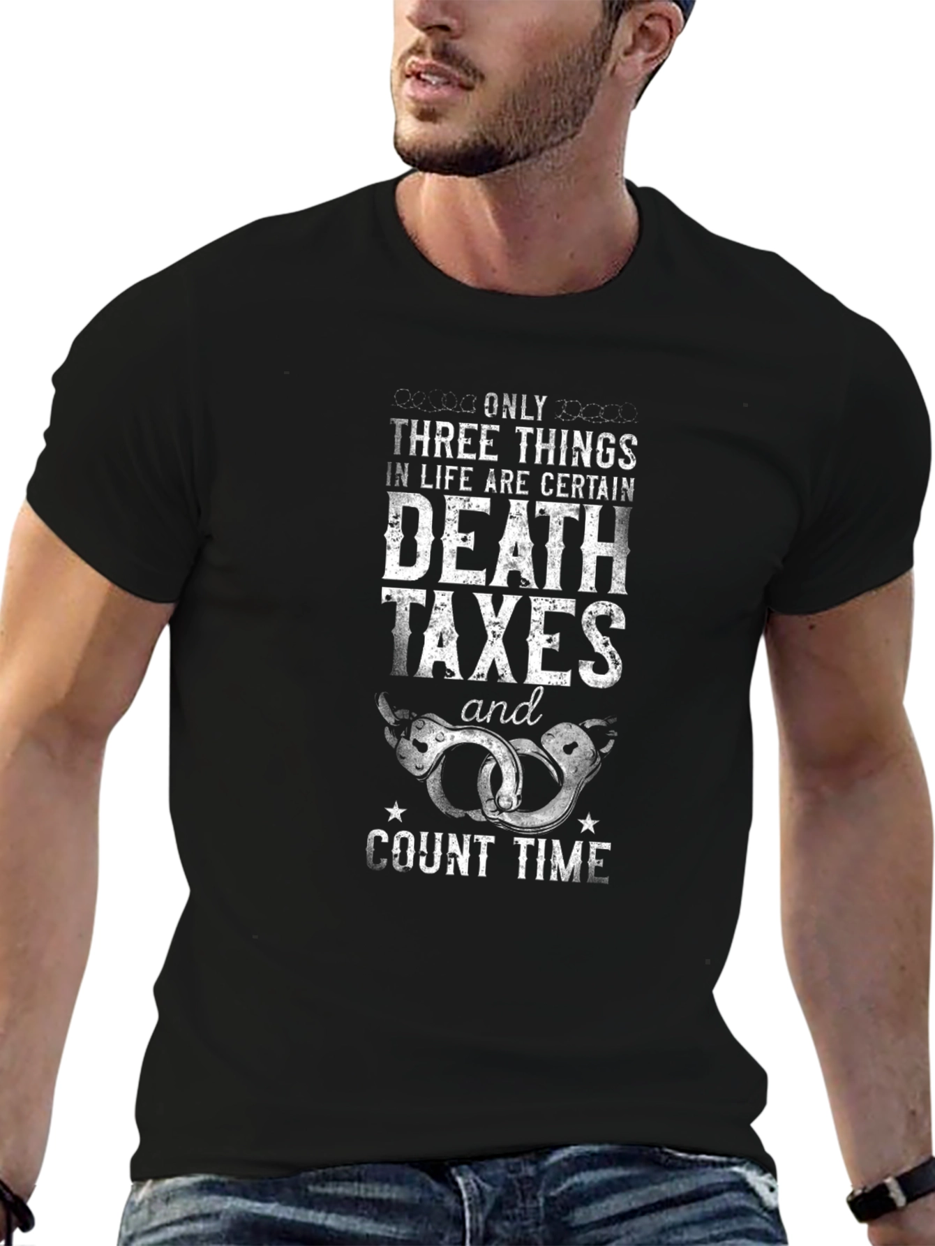 Death Taxes & Count Time Black Graphic T-Shirt