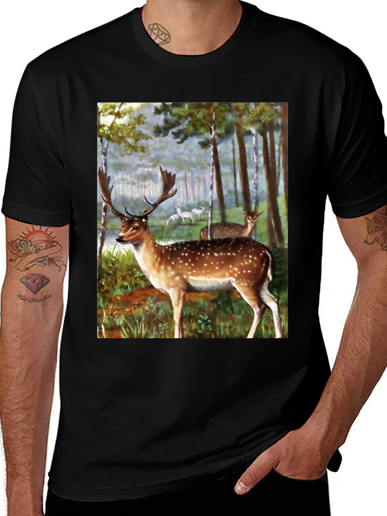 Deer in Forest Graphic Tee - Black