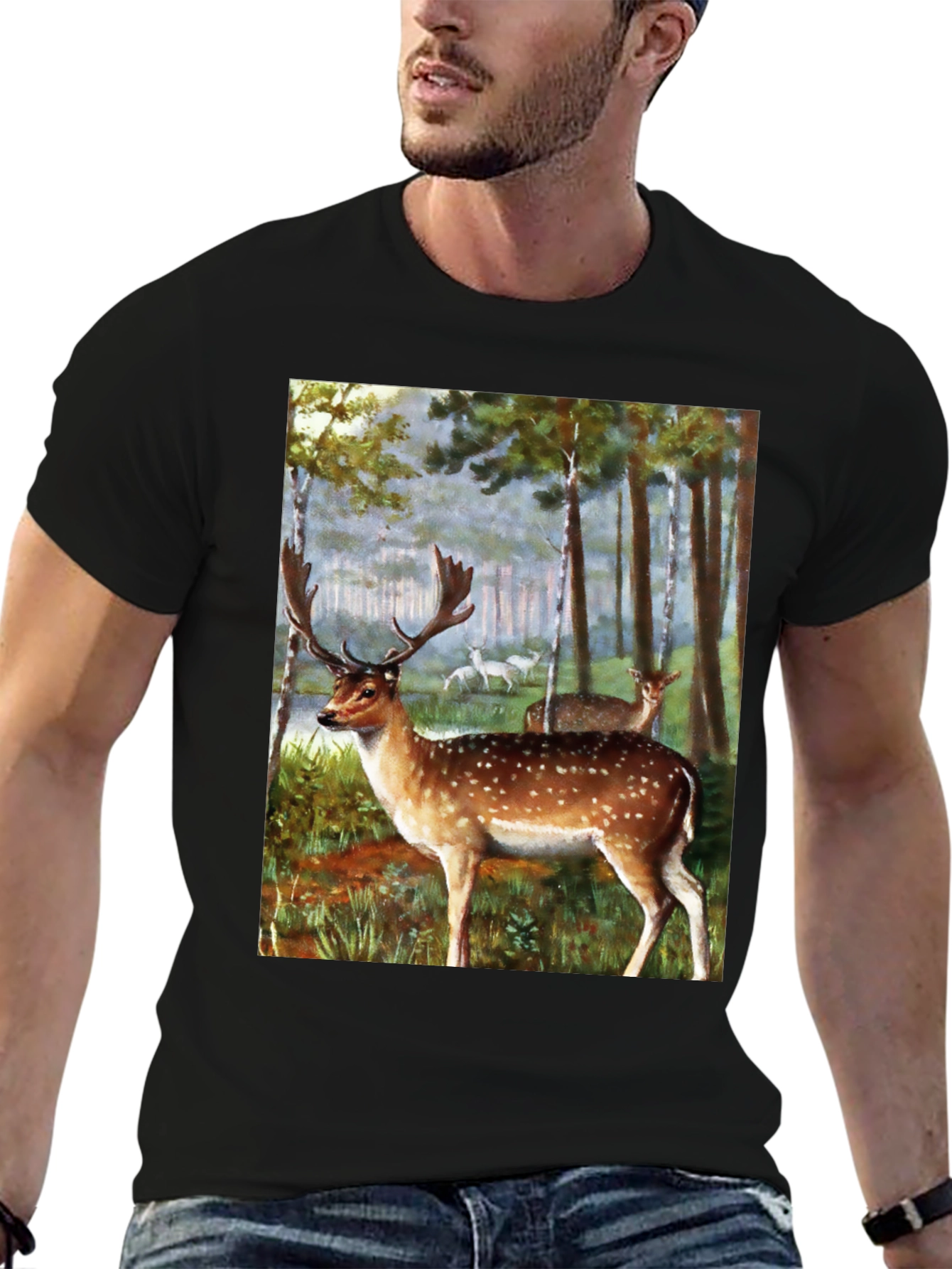 Deer in Forest Graphic Tee - Black
