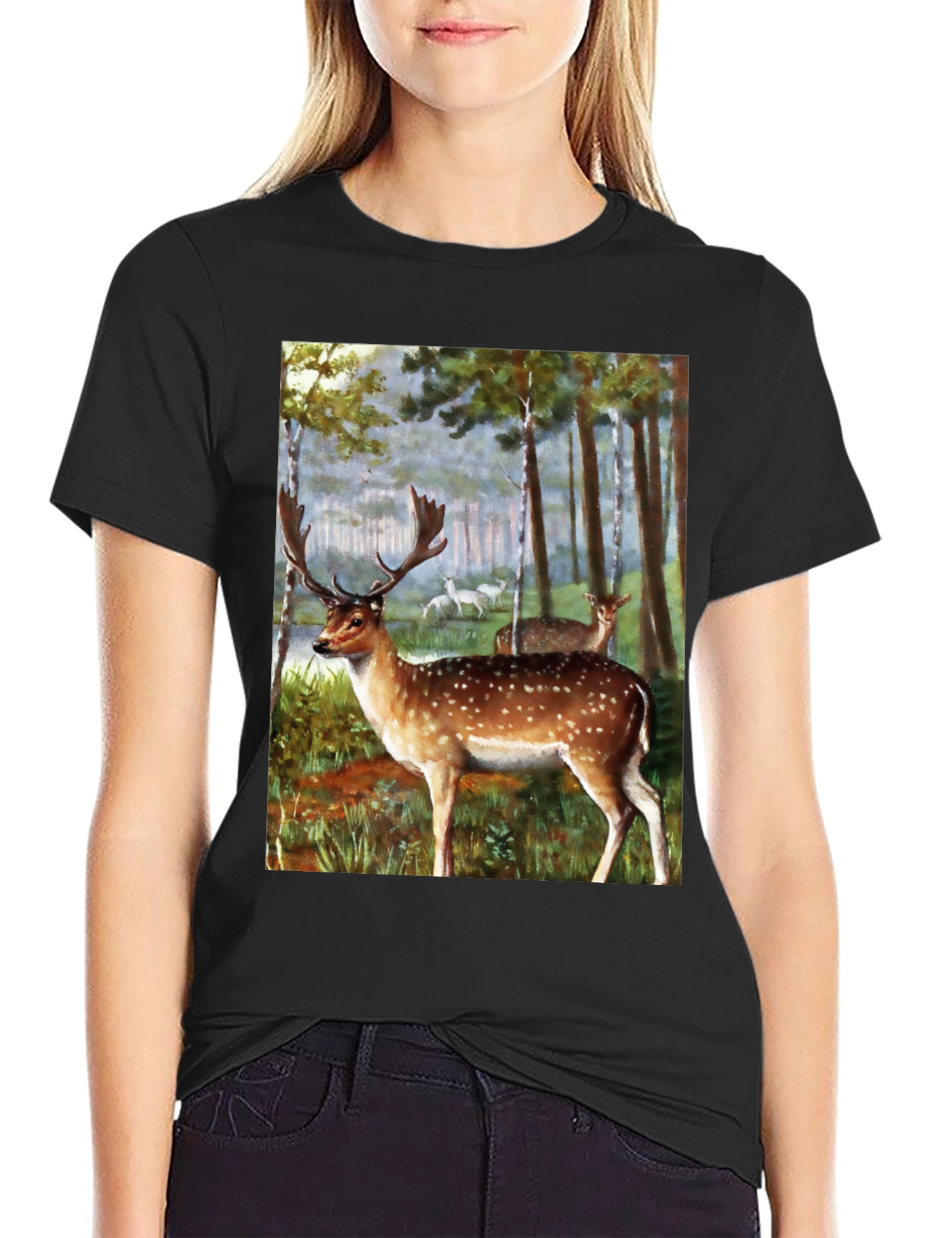 Deer in Forest Graphic Tee - Black
