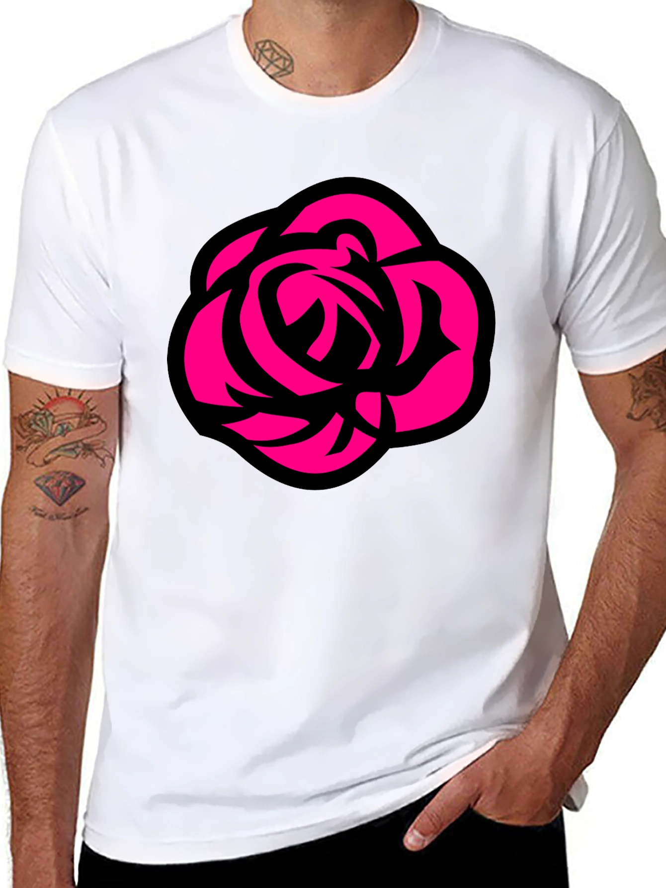 Bold Rose Graphic Tee - Black Cotton Casual T-Shirt