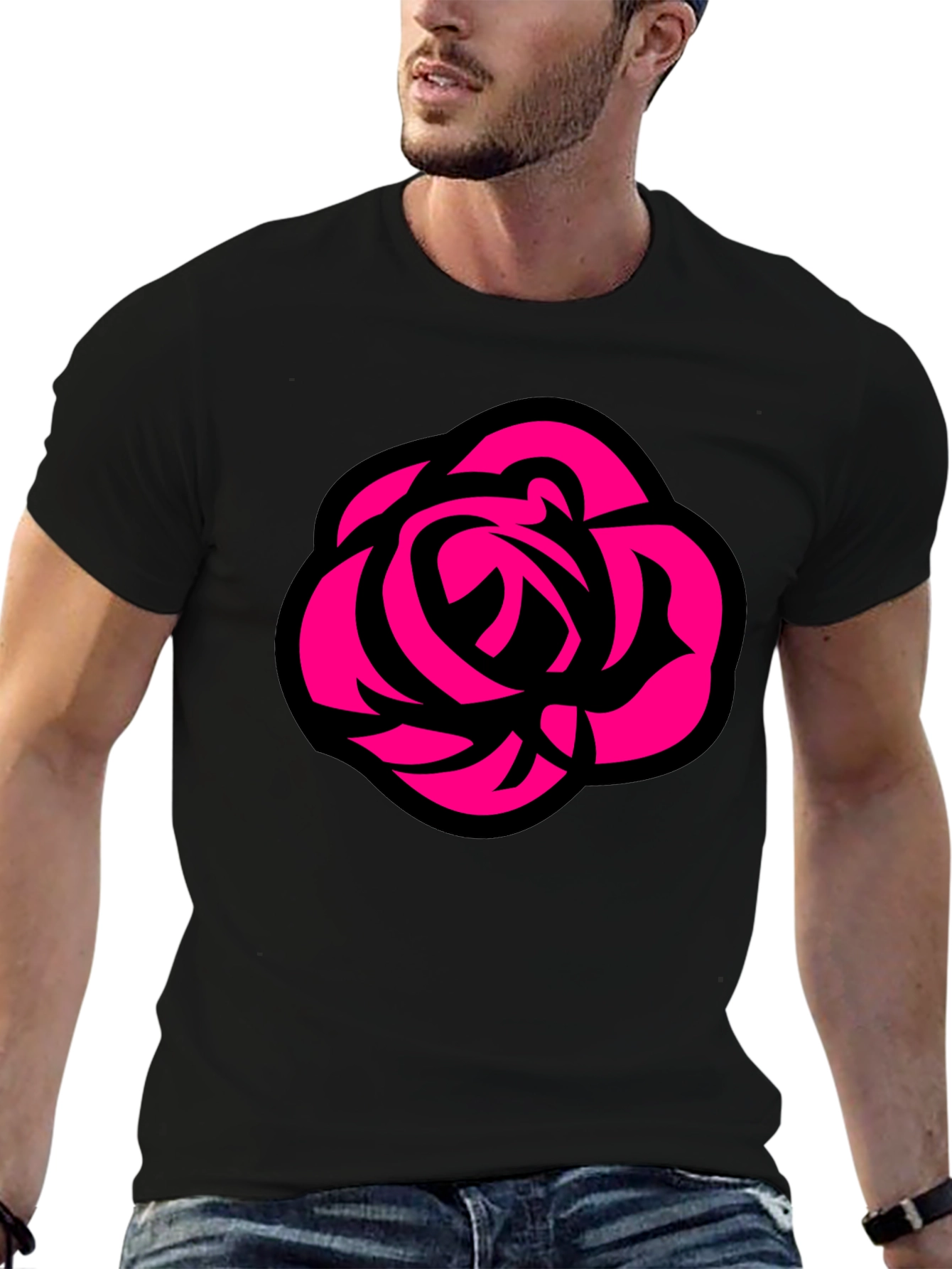 Bold Rose Graphic Tee - Black Cotton Casual T-Shirt