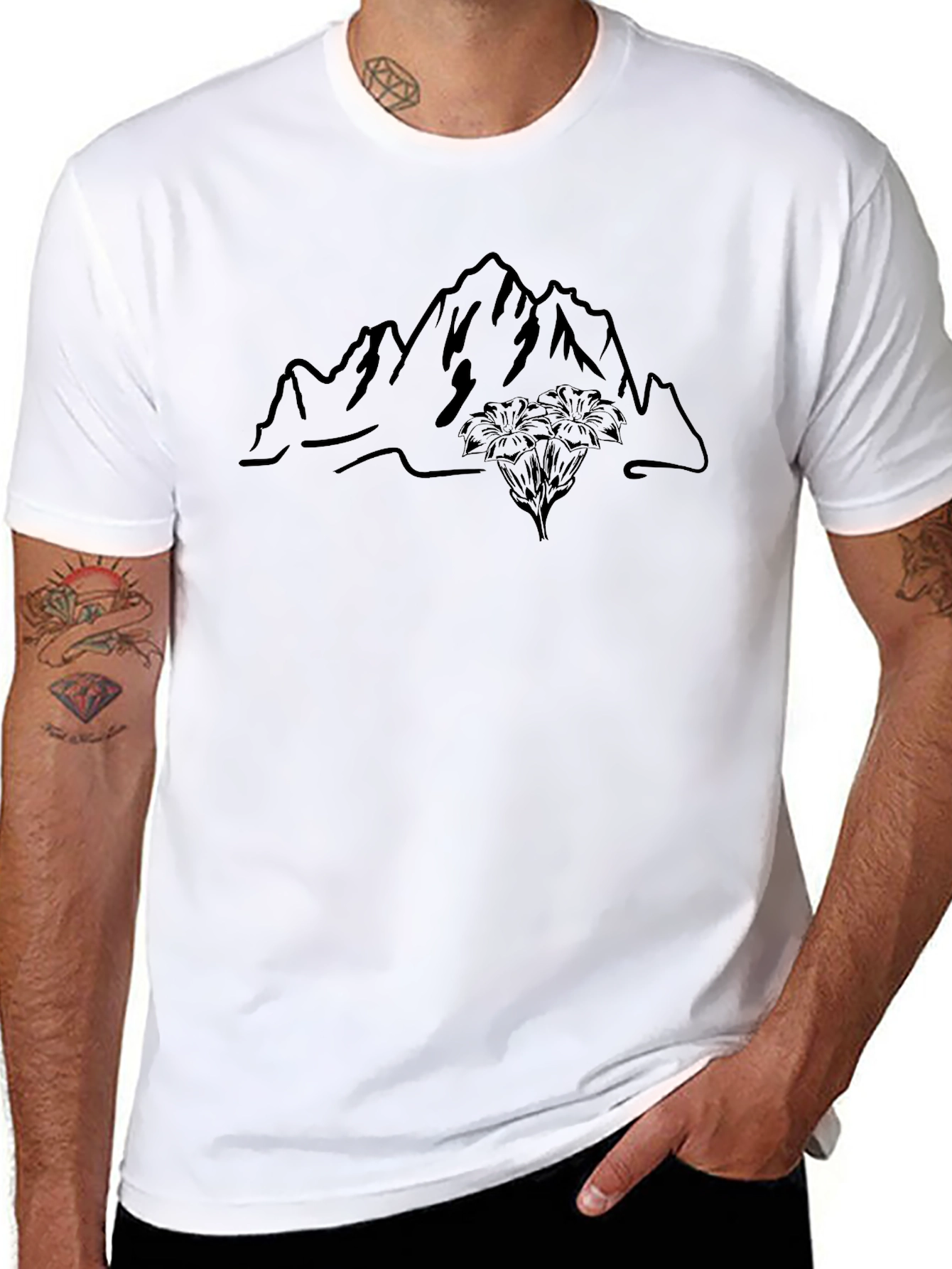 Mountain & Edelweiss Graphic Black T-Shirt