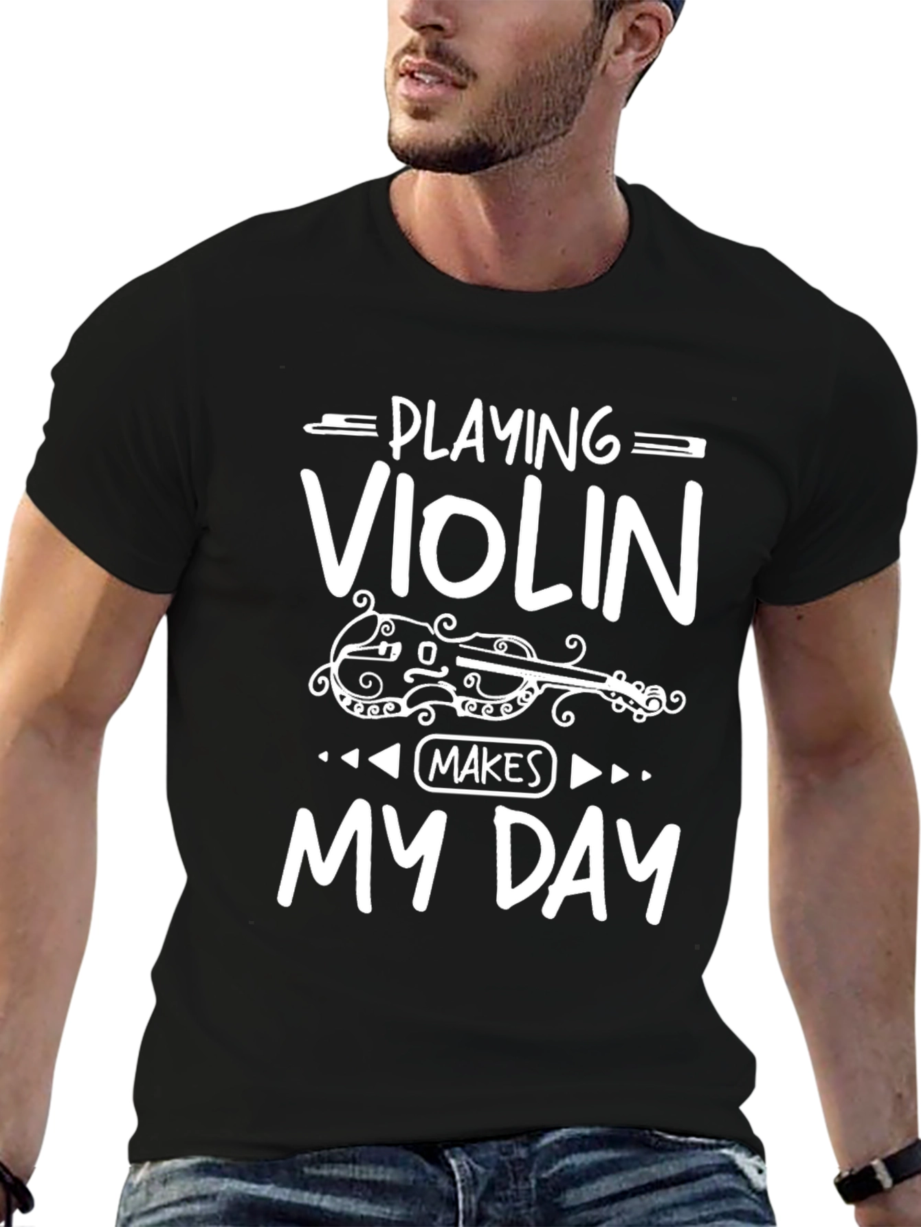 Playing Violin Makes My Day Black Graphic T-Shirt