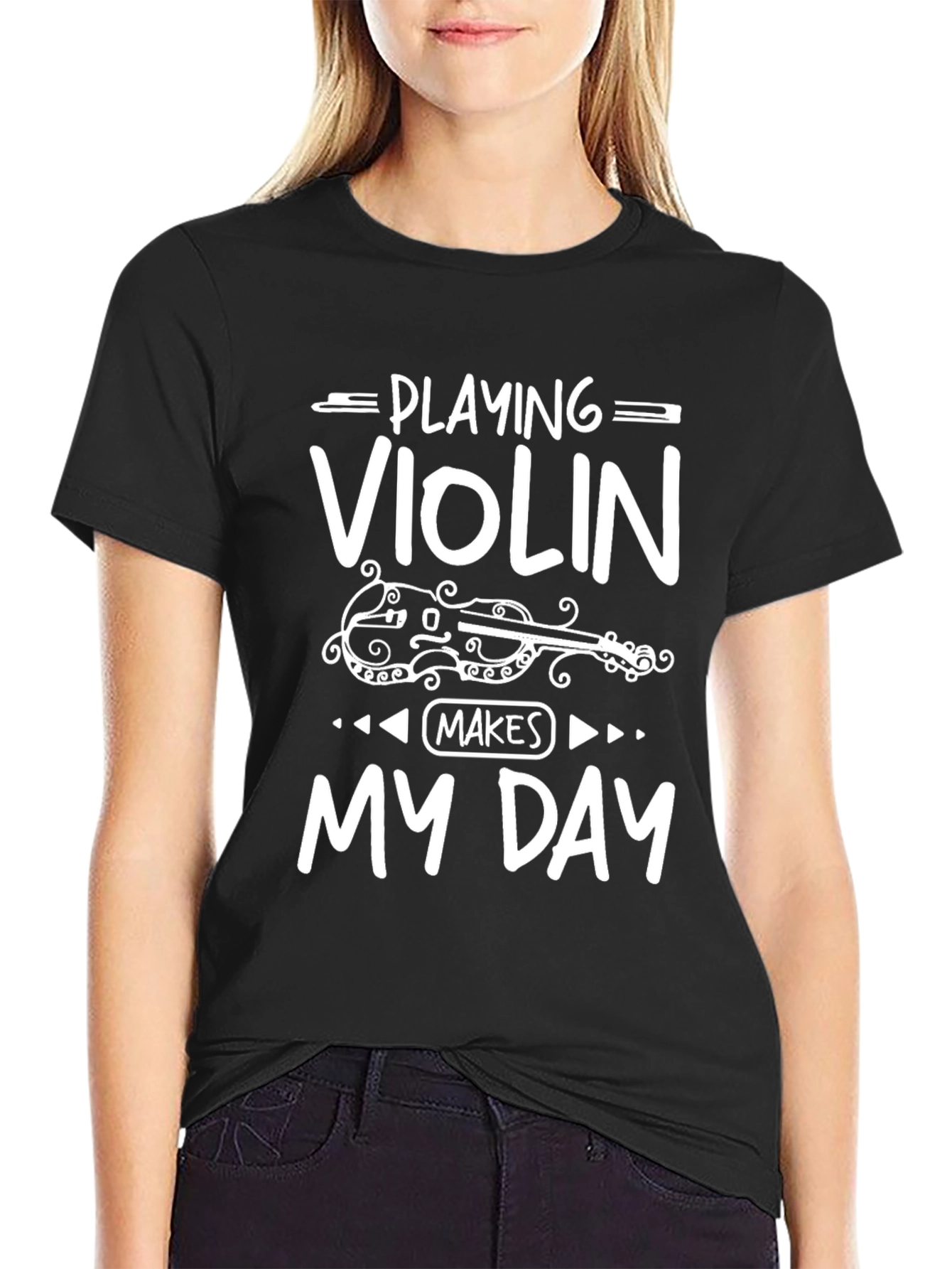 Playing Violin Makes My Day Black Graphic T-Shirt