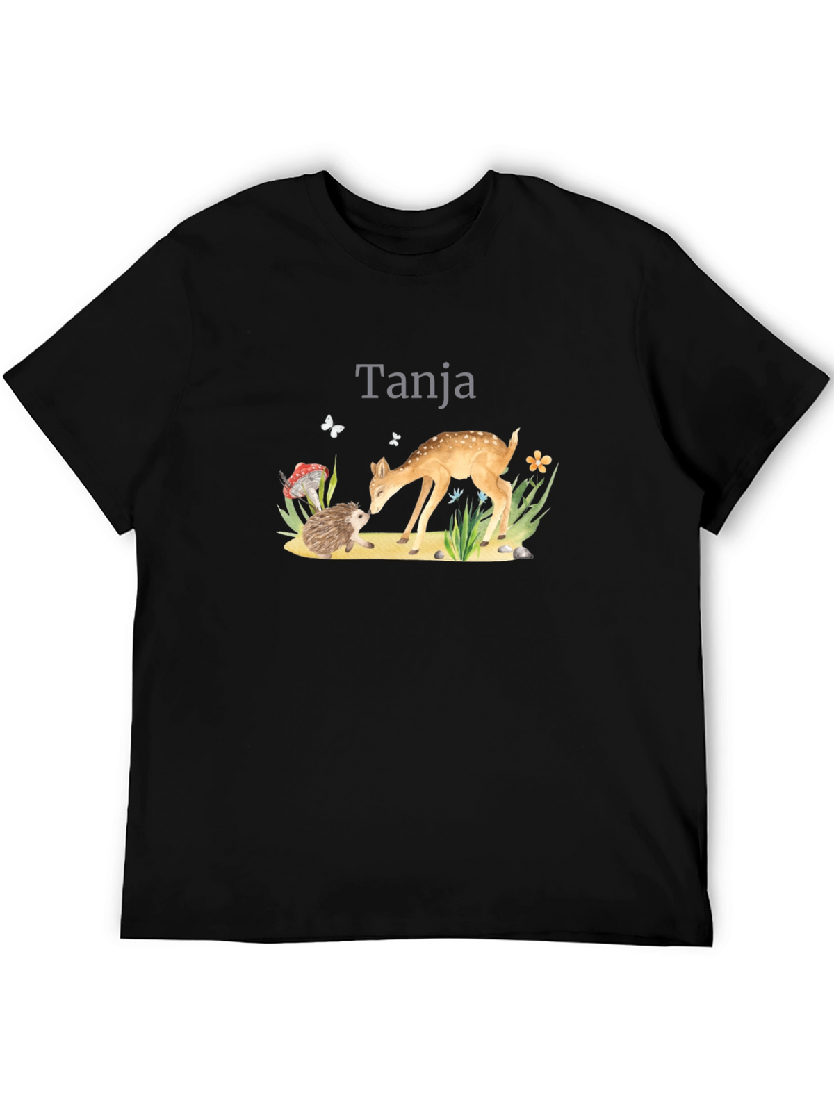 Cute Deer and Hedgehog Black Graphic Tee