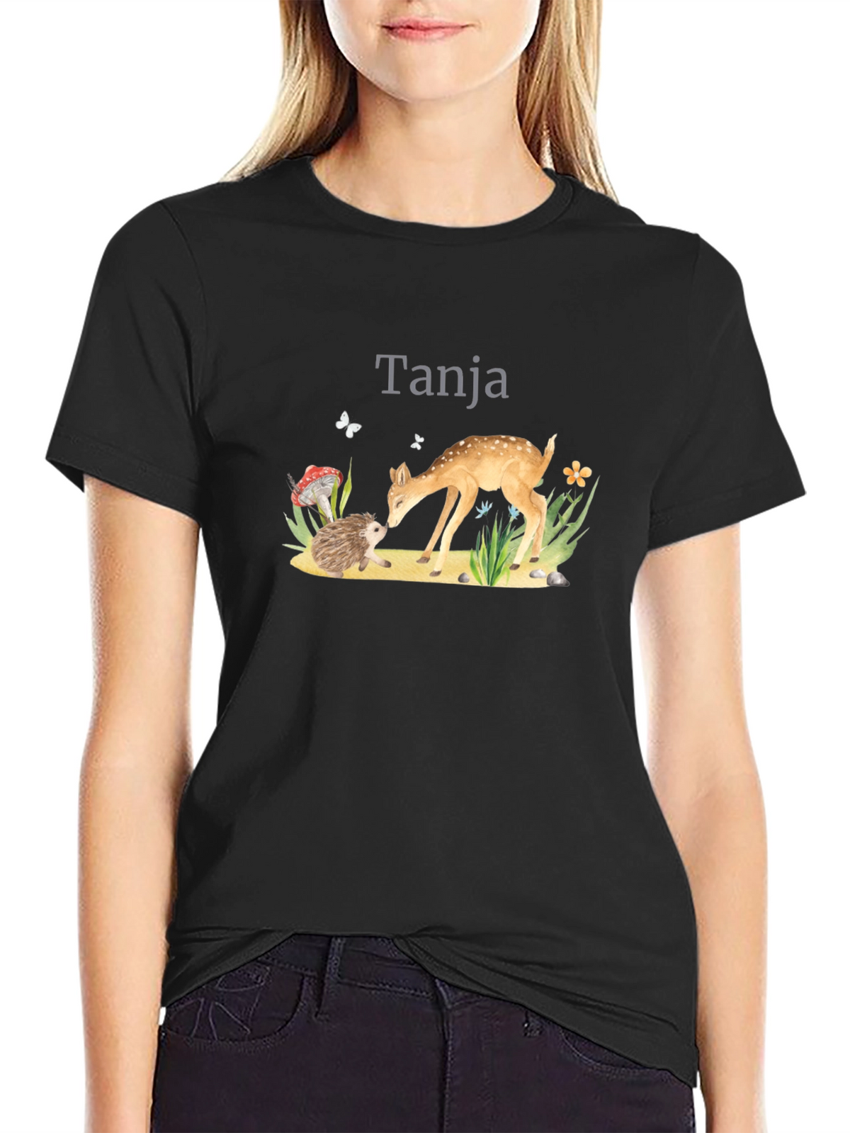 Cute Deer and Hedgehog Black Graphic Tee