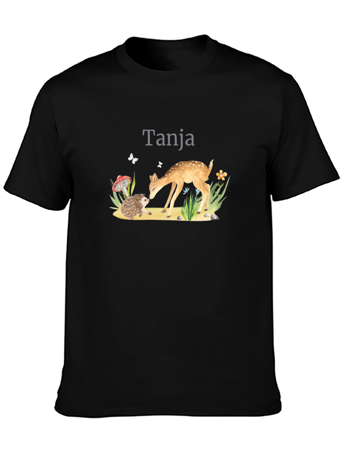 Cute Deer and Hedgehog Black Graphic Tee