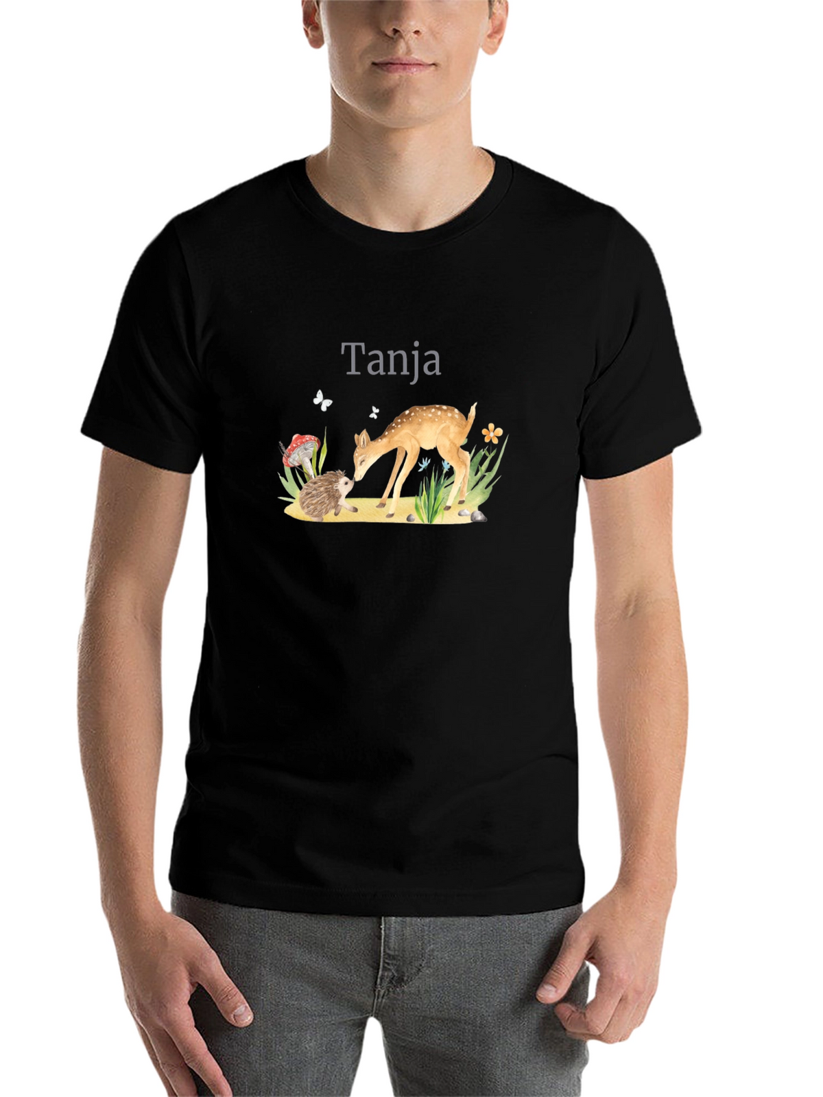 Cute Deer and Hedgehog Black Graphic Tee