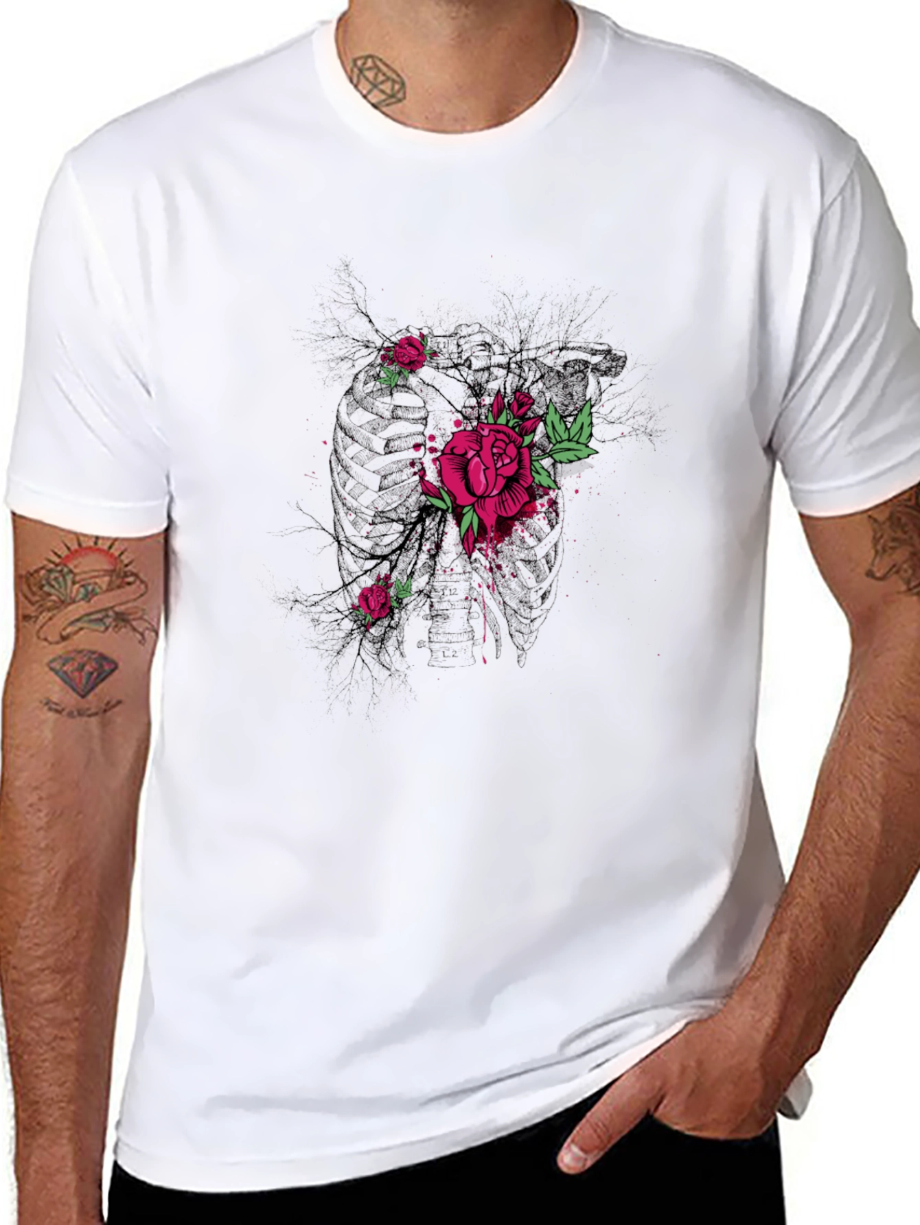 Floral Rose Graphic Print Mens Black T-Shirt