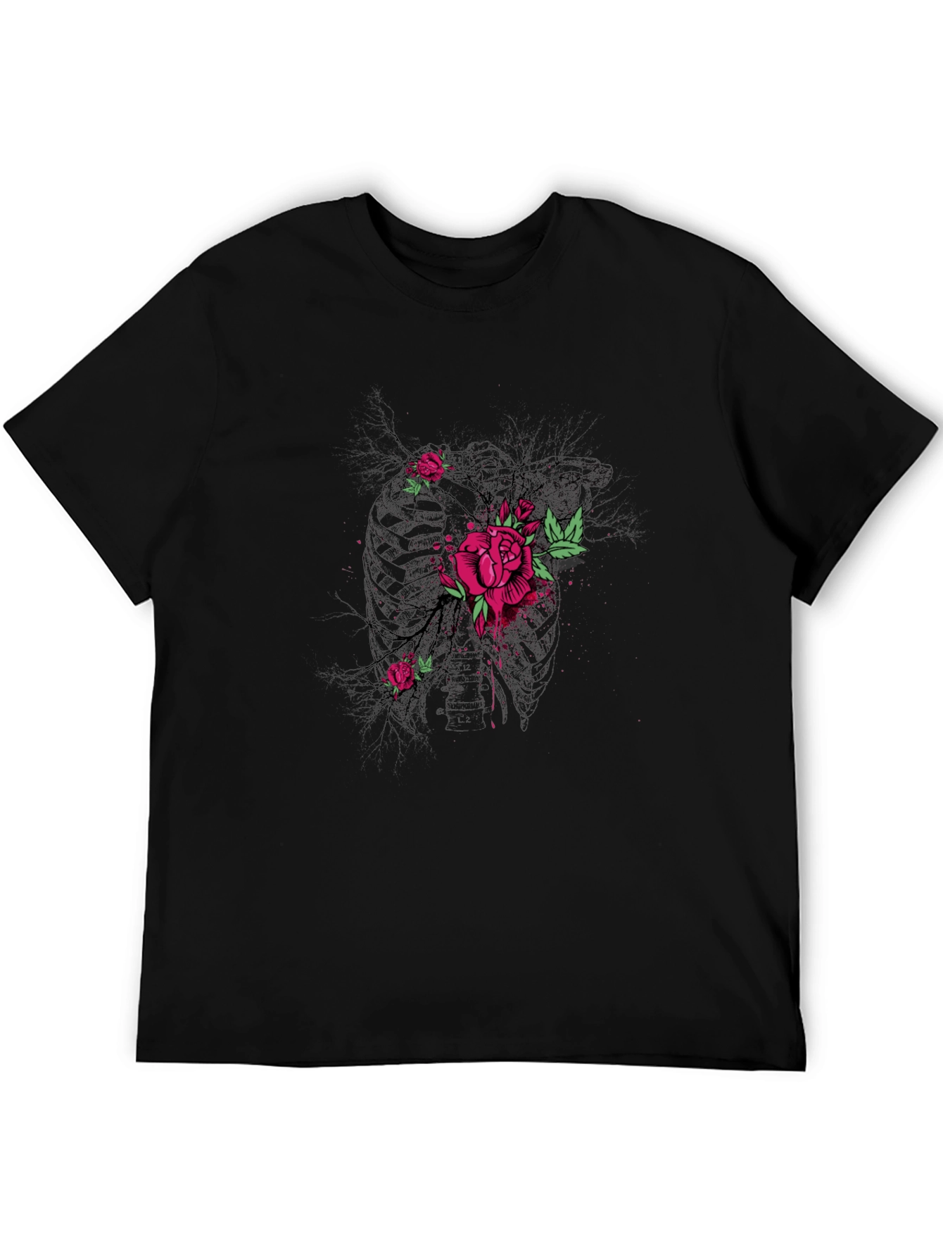 Floral Rose Graphic Print Mens Black T-Shirt