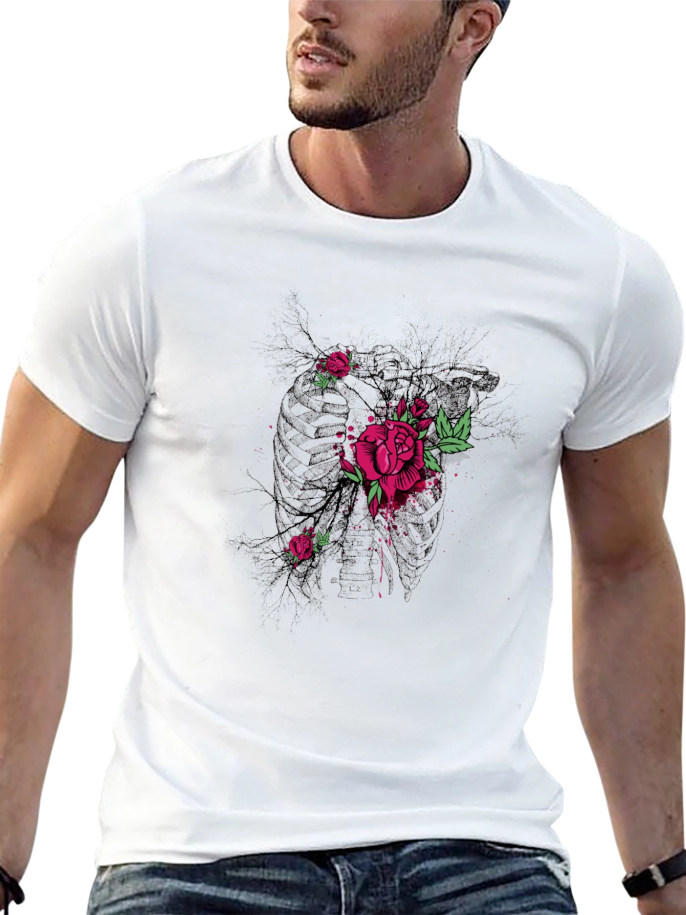 Floral Rose Graphic Print Mens Black T-Shirt