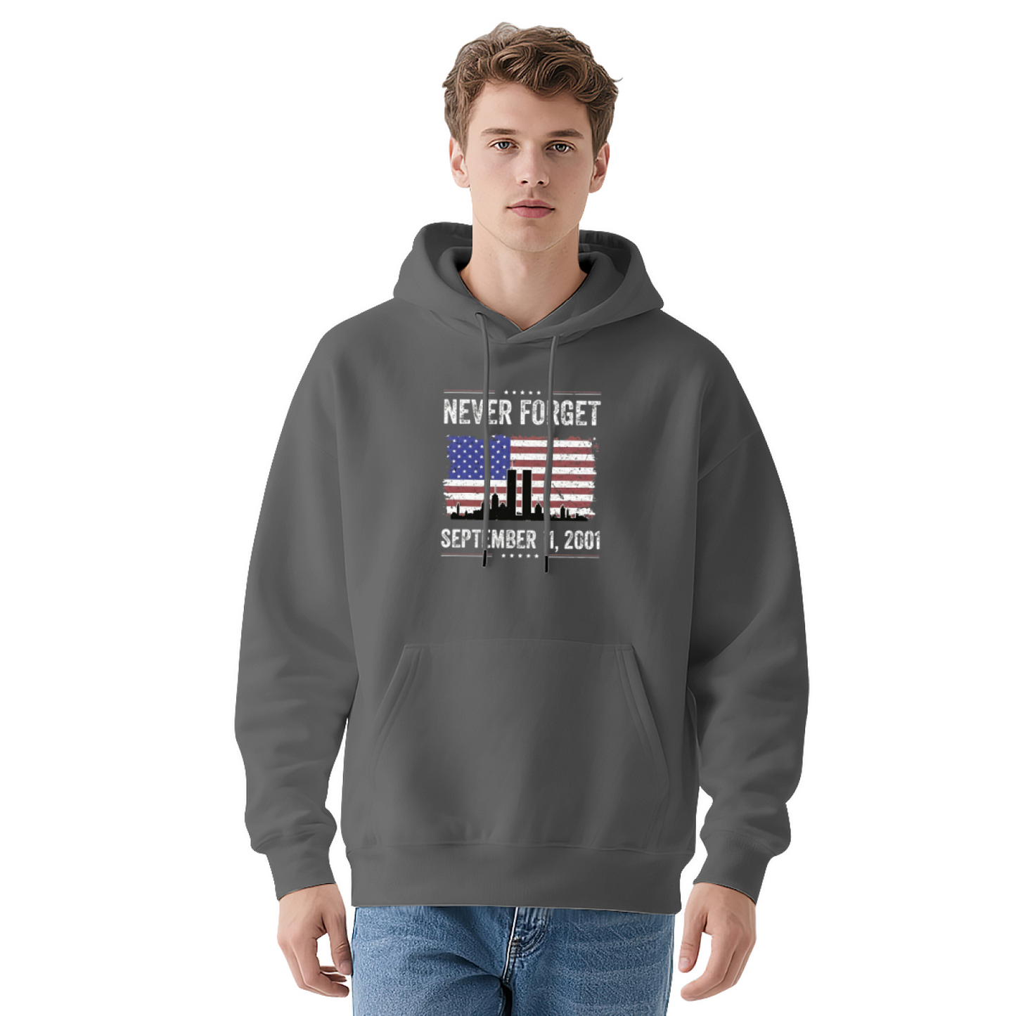 Never Forget September 11 2001 American Flag Twin Towers Graphic Hoodie