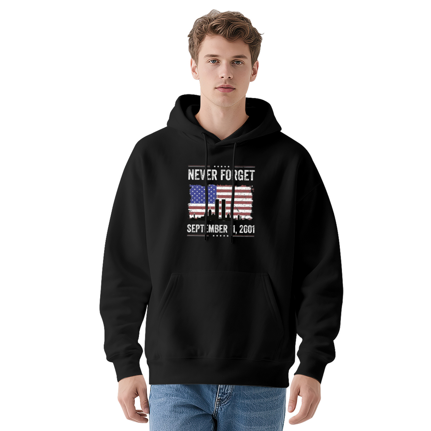 Never Forget September 11 2001 American Flag Twin Towers Graphic Hoodie