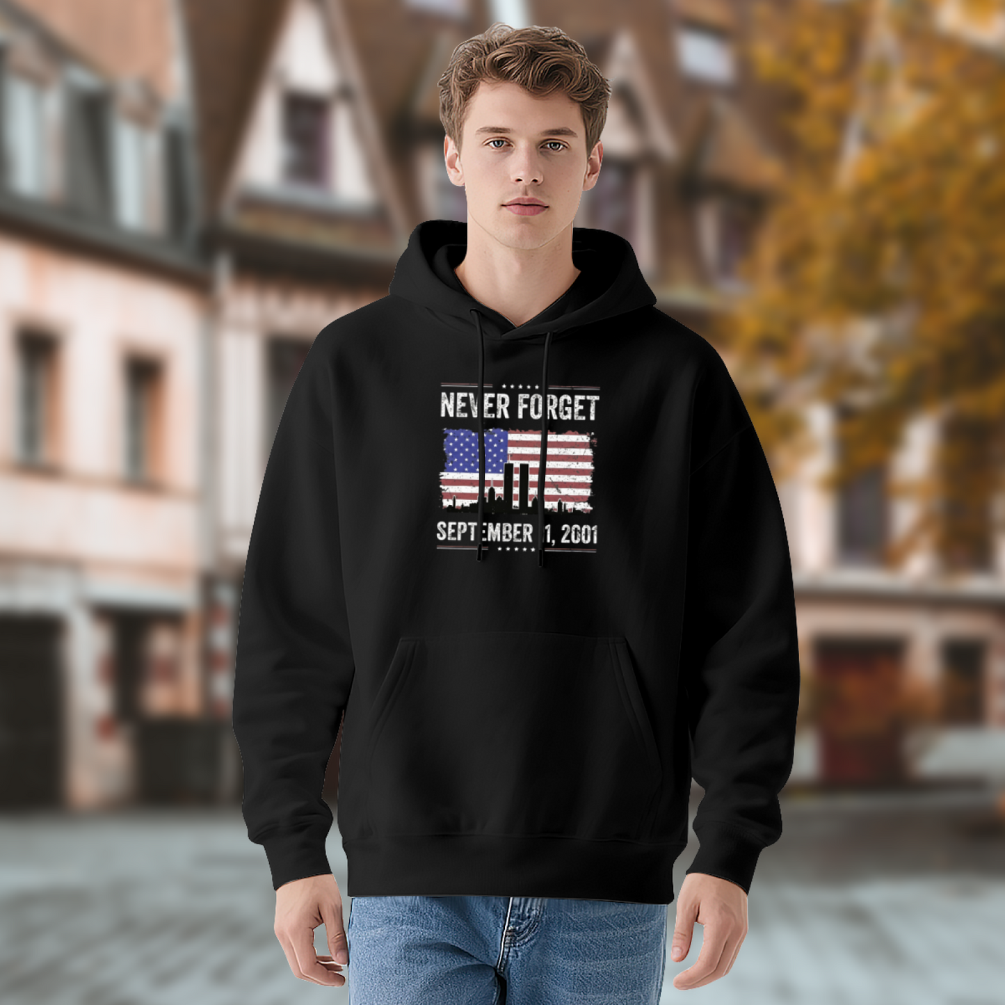 Never Forget September 11 2001 American Flag Twin Towers Graphic Hoodie