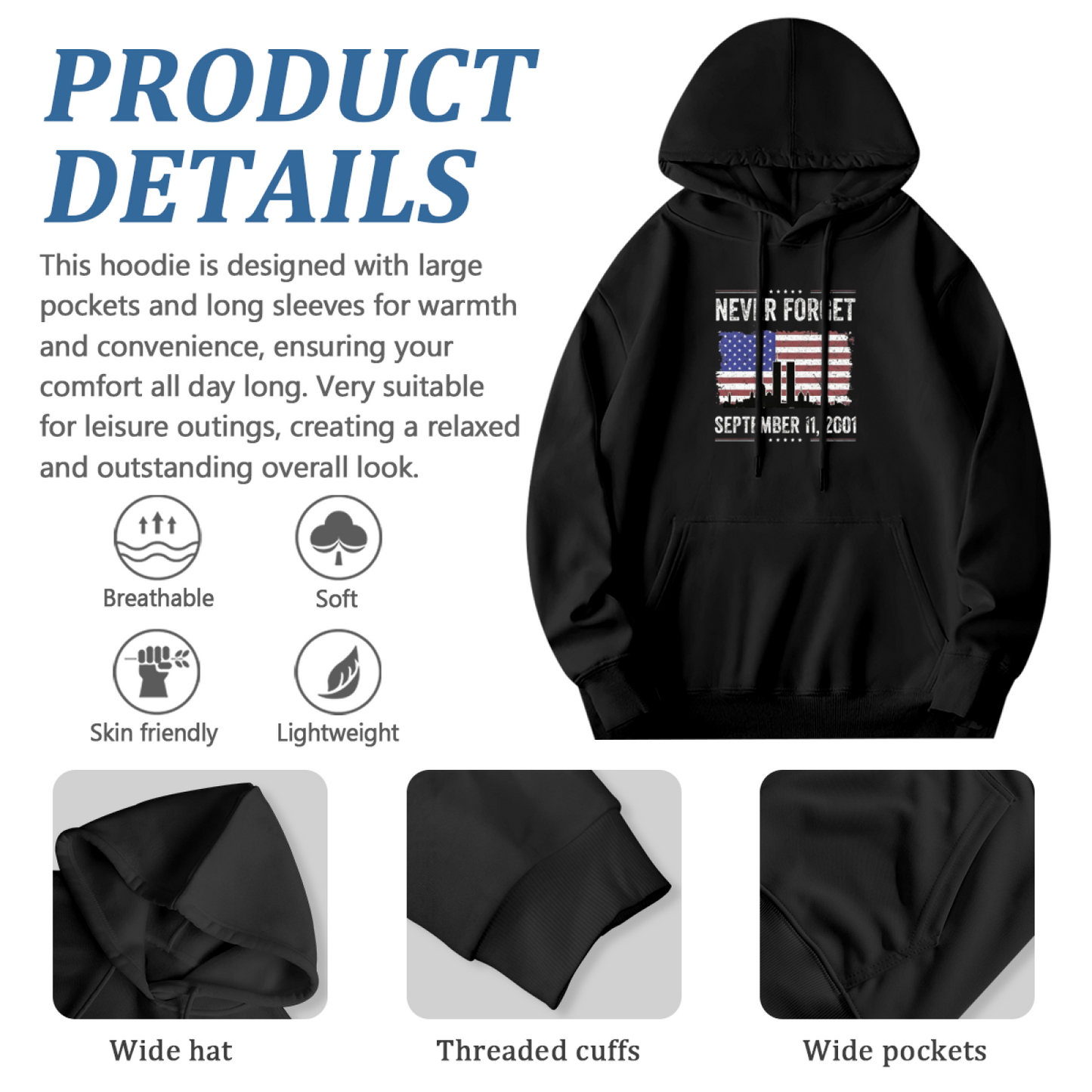 Never Forget September 11 2001 American Flag Twin Towers Graphic Hoodie