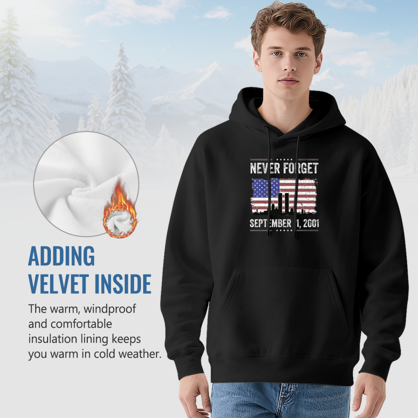 Never Forget September 11 2001 American Flag Twin Towers Graphic Hoodie