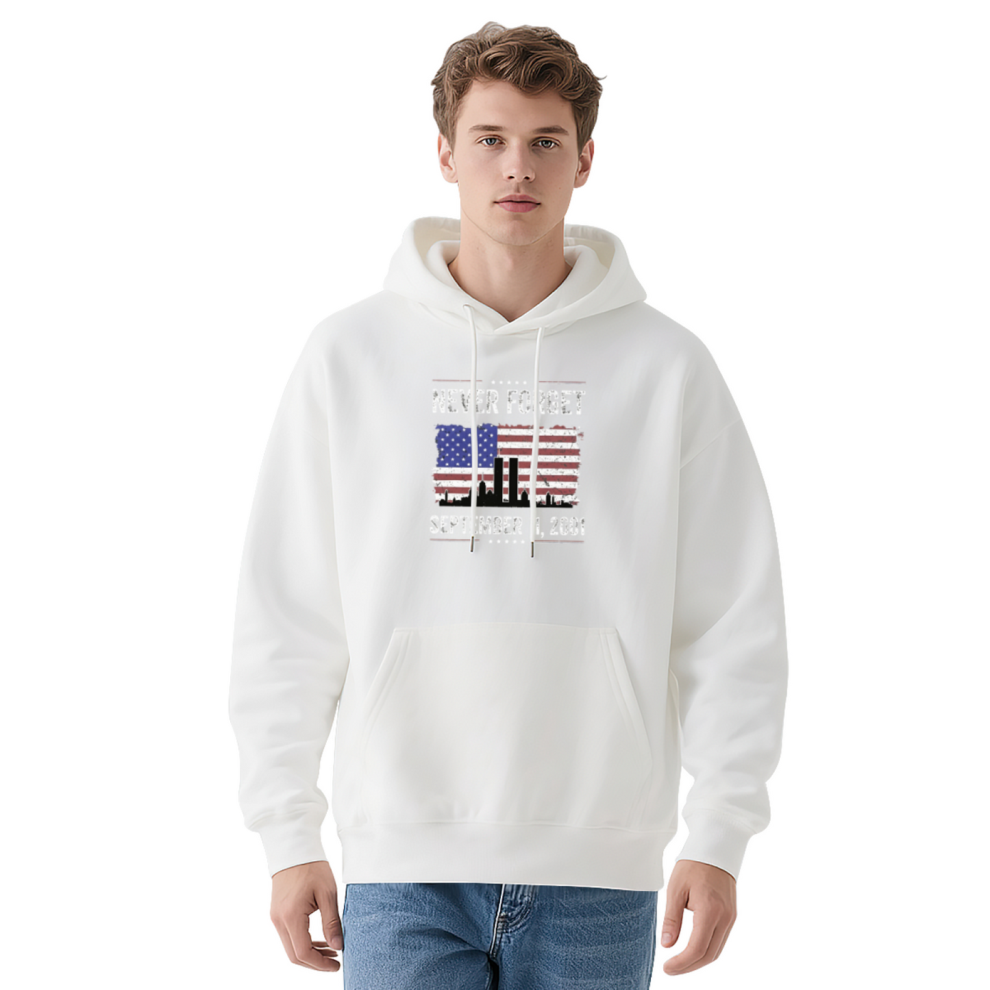 Never Forget September 11 2001 American Flag Twin Towers Graphic Hoodie