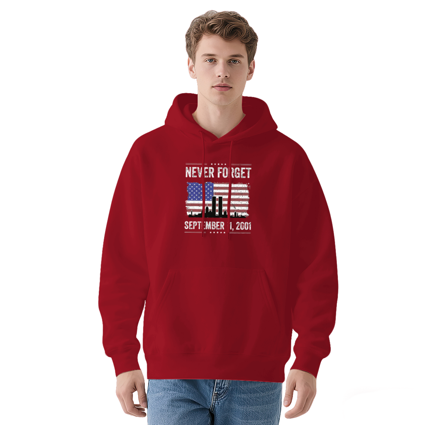 Never Forget September 11 2001 American Flag Twin Towers Graphic Hoodie