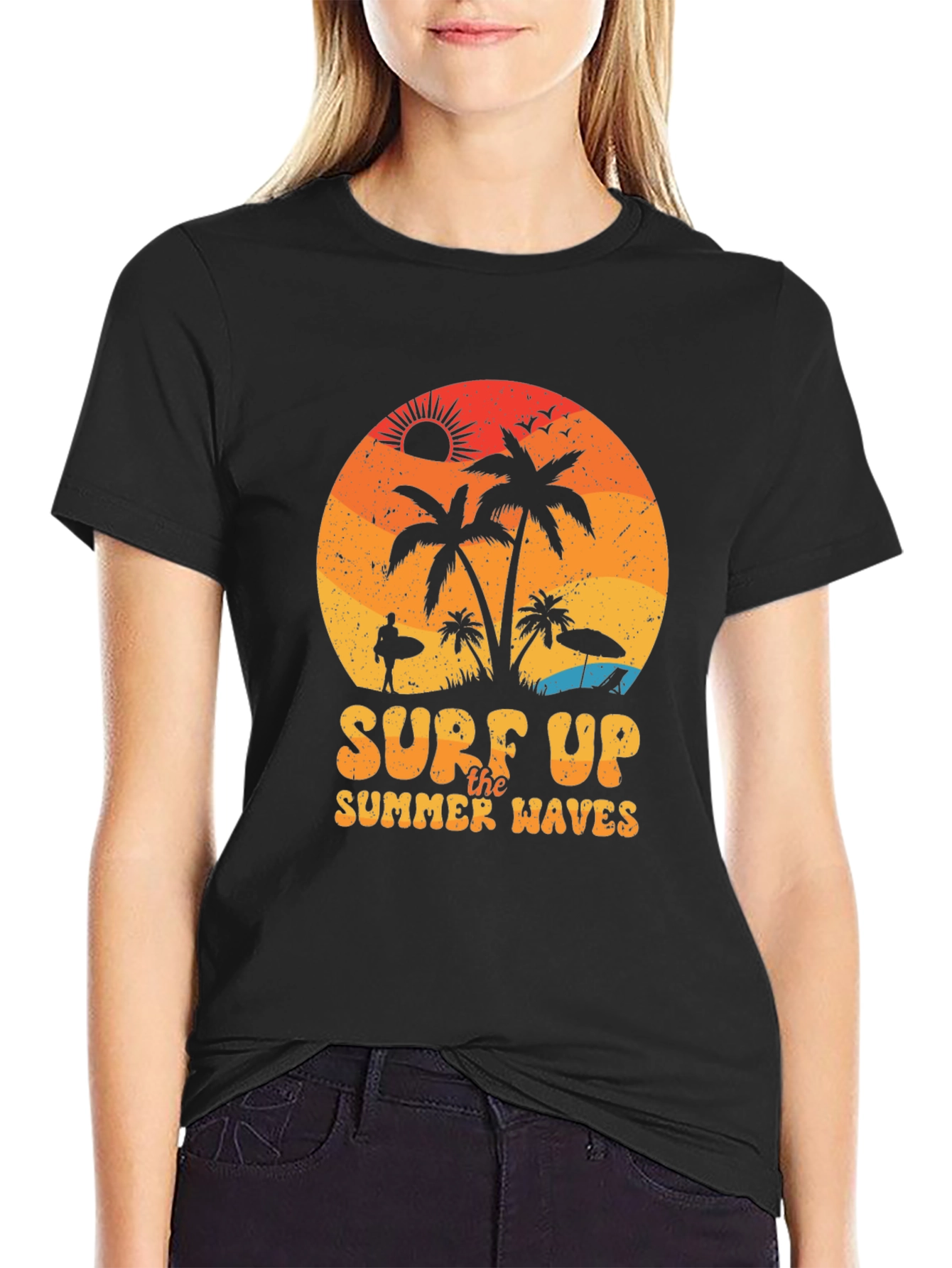 Surf Up Summer Waves Black T-Shirt