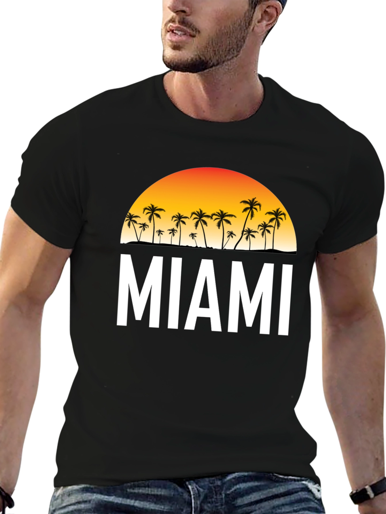 Miami Palm Tree Sunset Black T-Shirt
