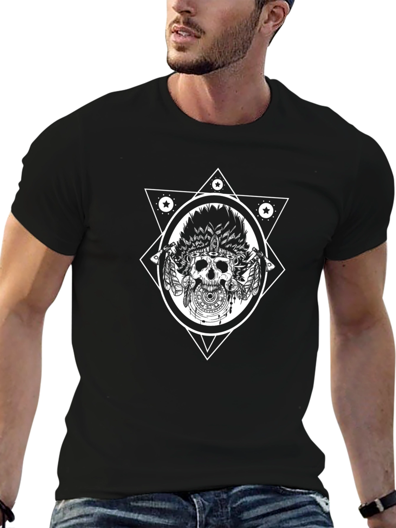 Skull Headdress Graphic Tee - Black Cotton T-Shirt