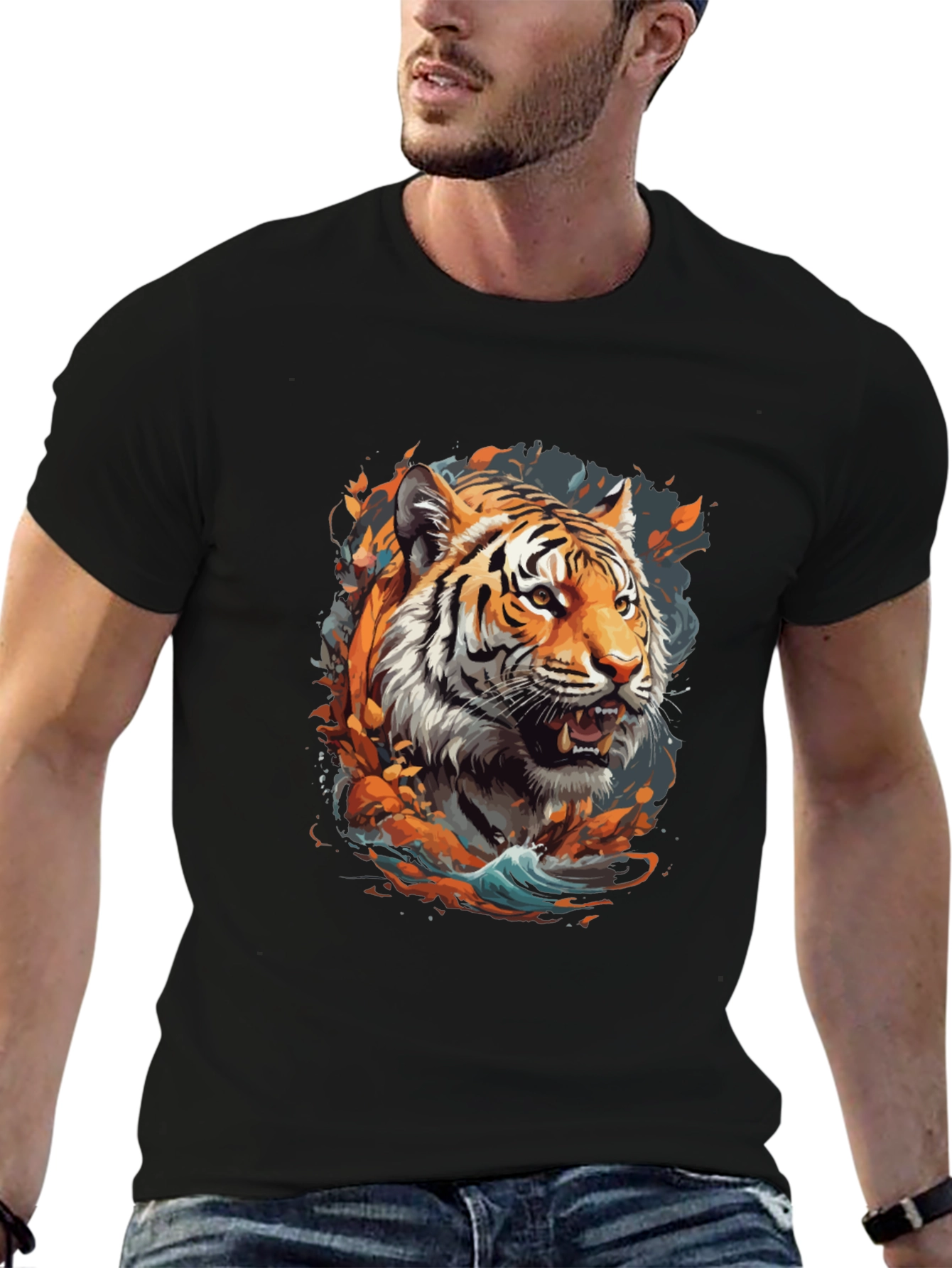 Tiger Graphic Print Crew Neck T-Shirt