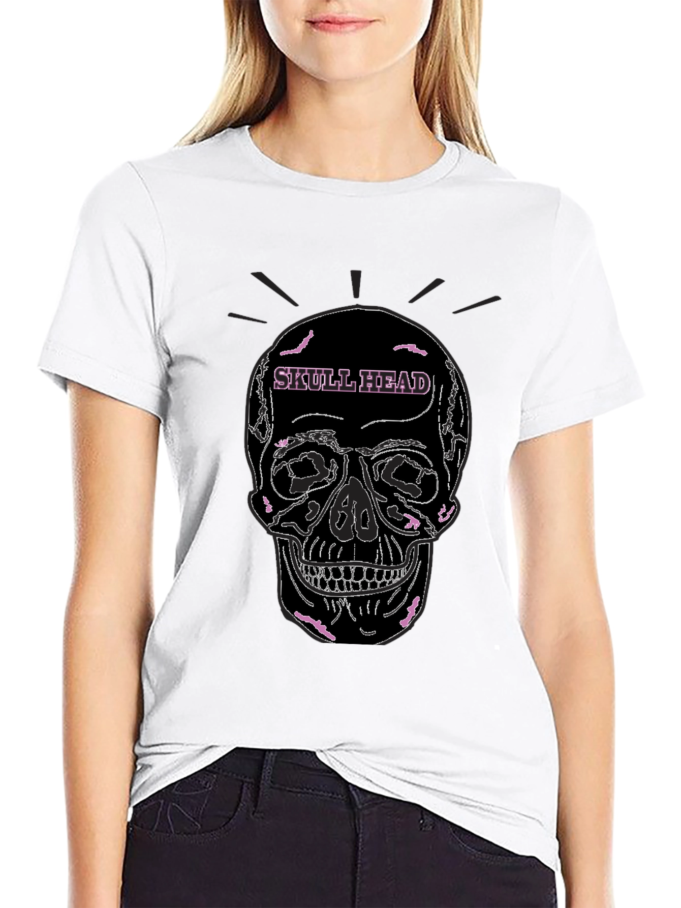Skull Head Graphic Tee - Black Cotton Casual T-Shirt