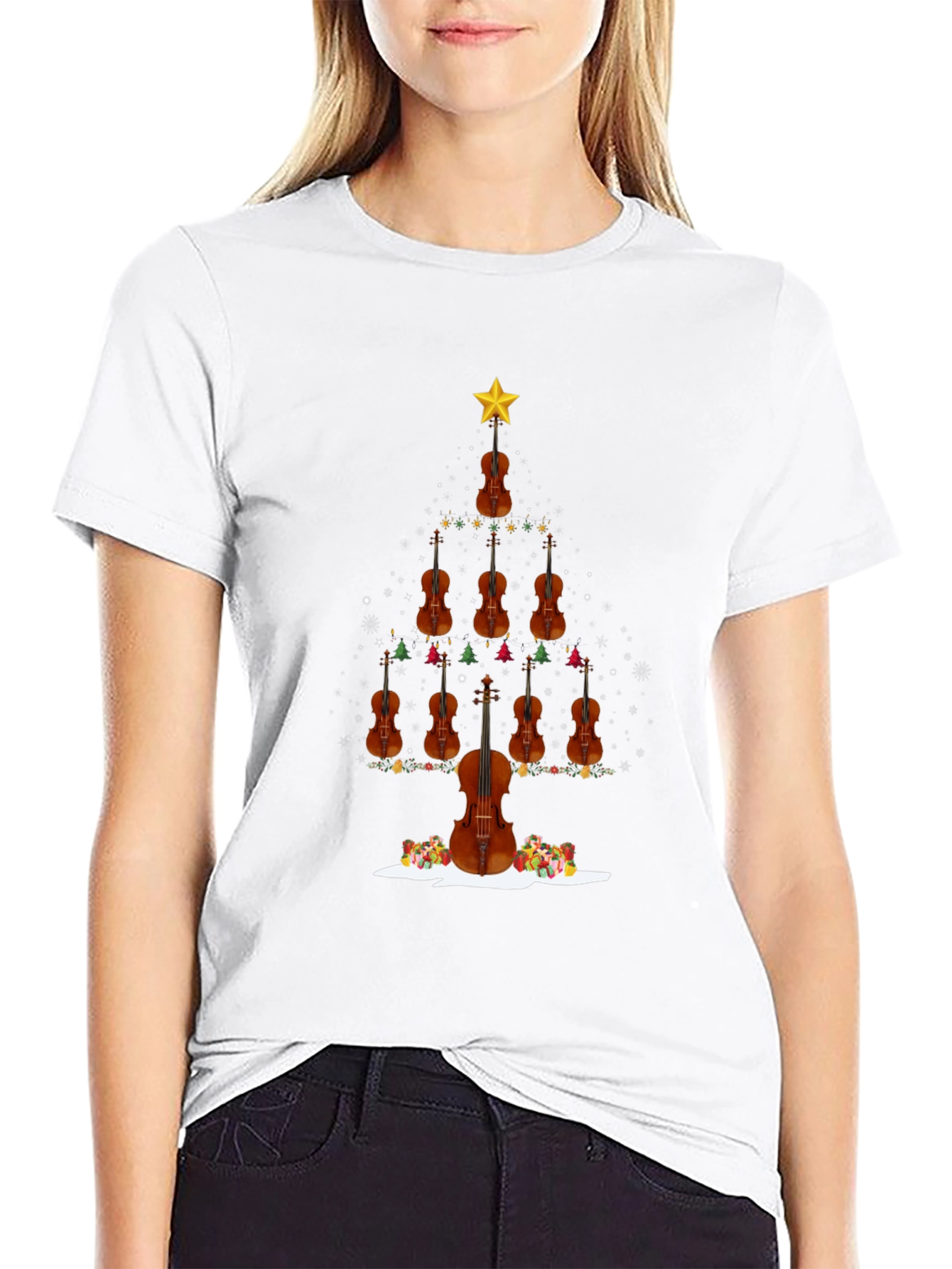 Violin Christmas Tree Black T-Shirt