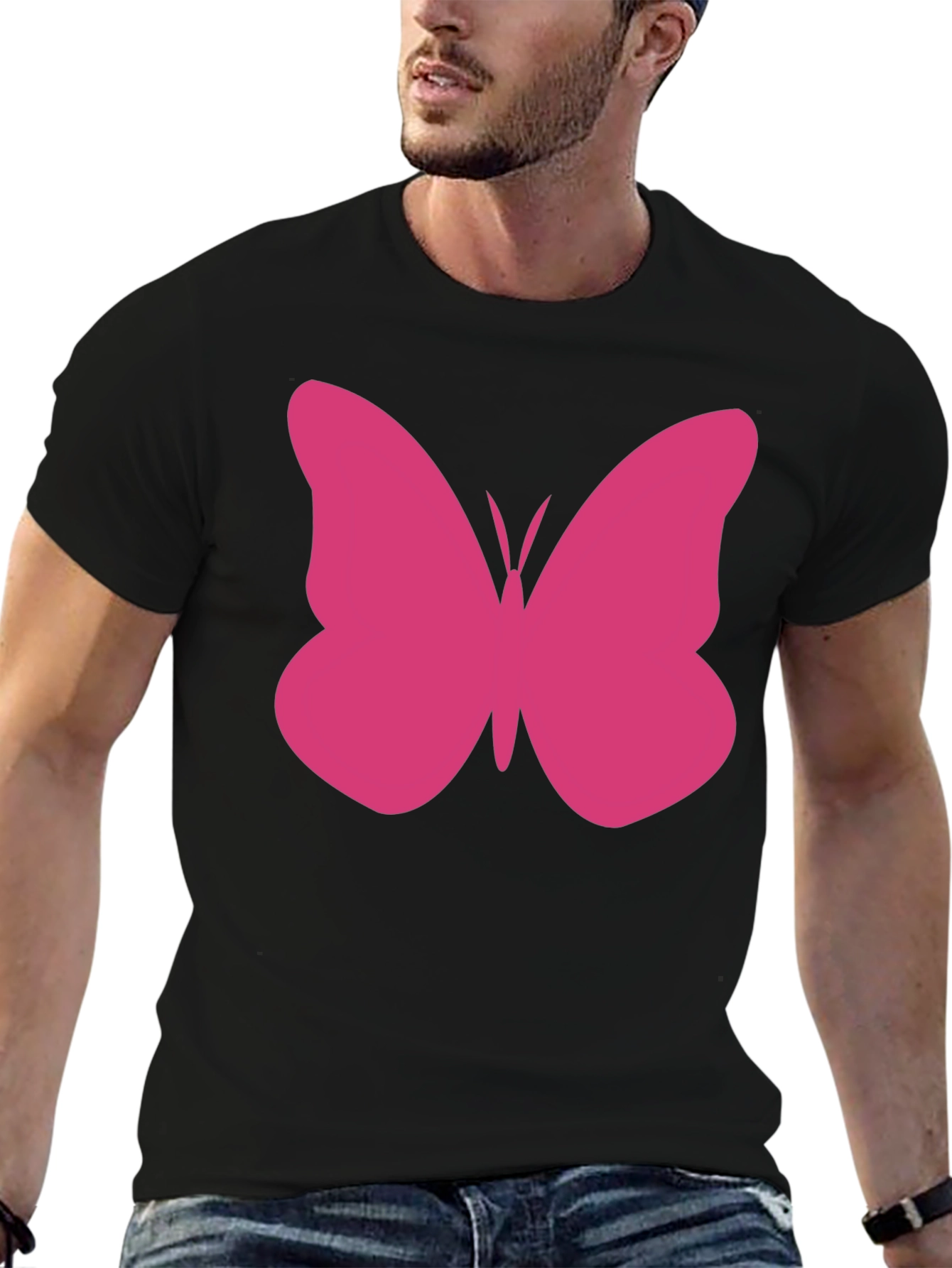 Pink Butterfly Graphic Tee - Black Cotton Casual Shirt
