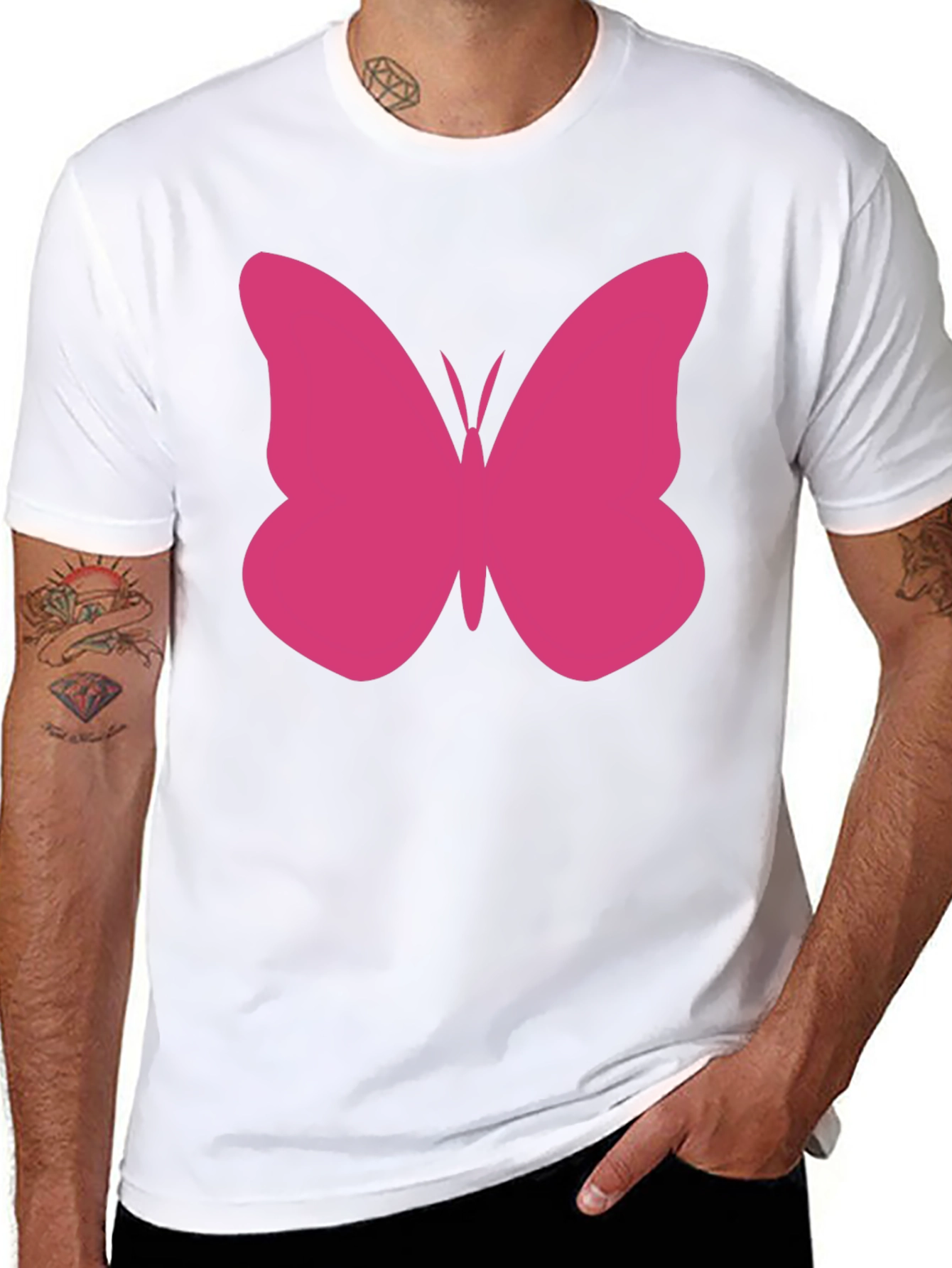 Pink Butterfly Graphic Tee - Black Cotton Casual Shirt