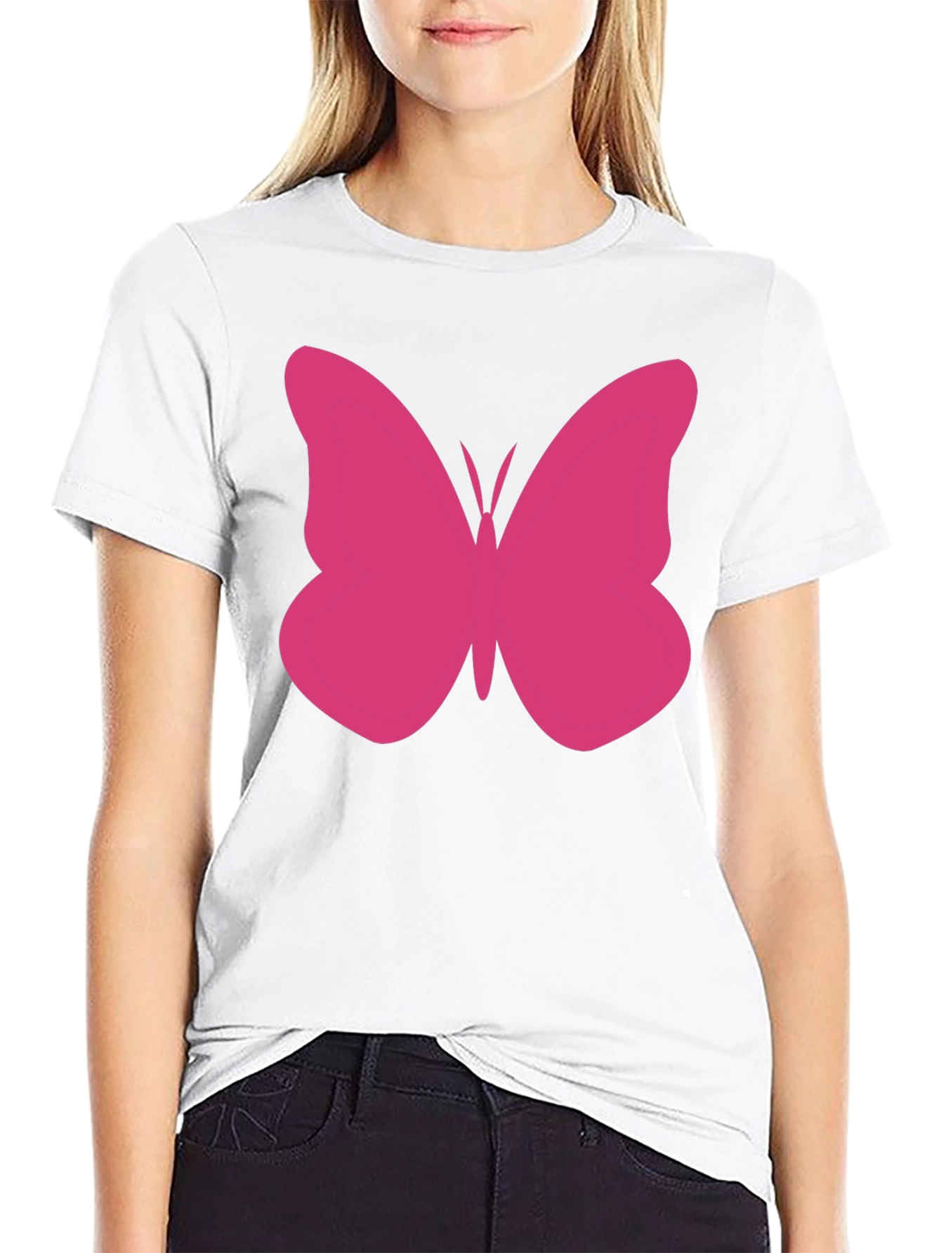 Pink Butterfly Graphic Tee - Black Cotton Casual Shirt