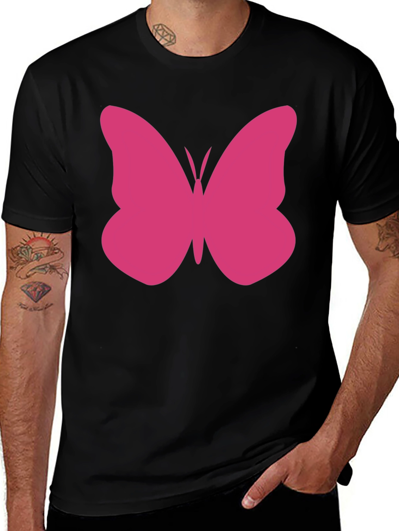 Pink Butterfly Graphic Tee - Black Cotton Casual Shirt