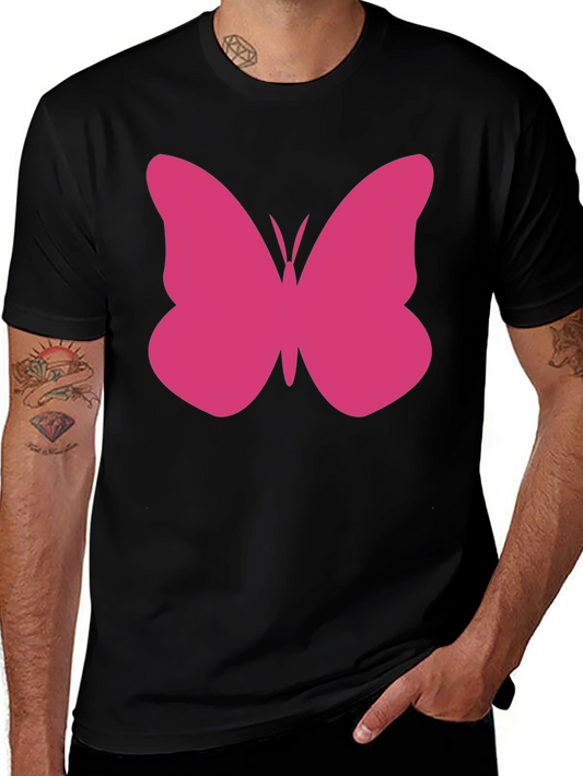 Pink Butterfly Graphic Tee - Black Cotton Casual Shirt