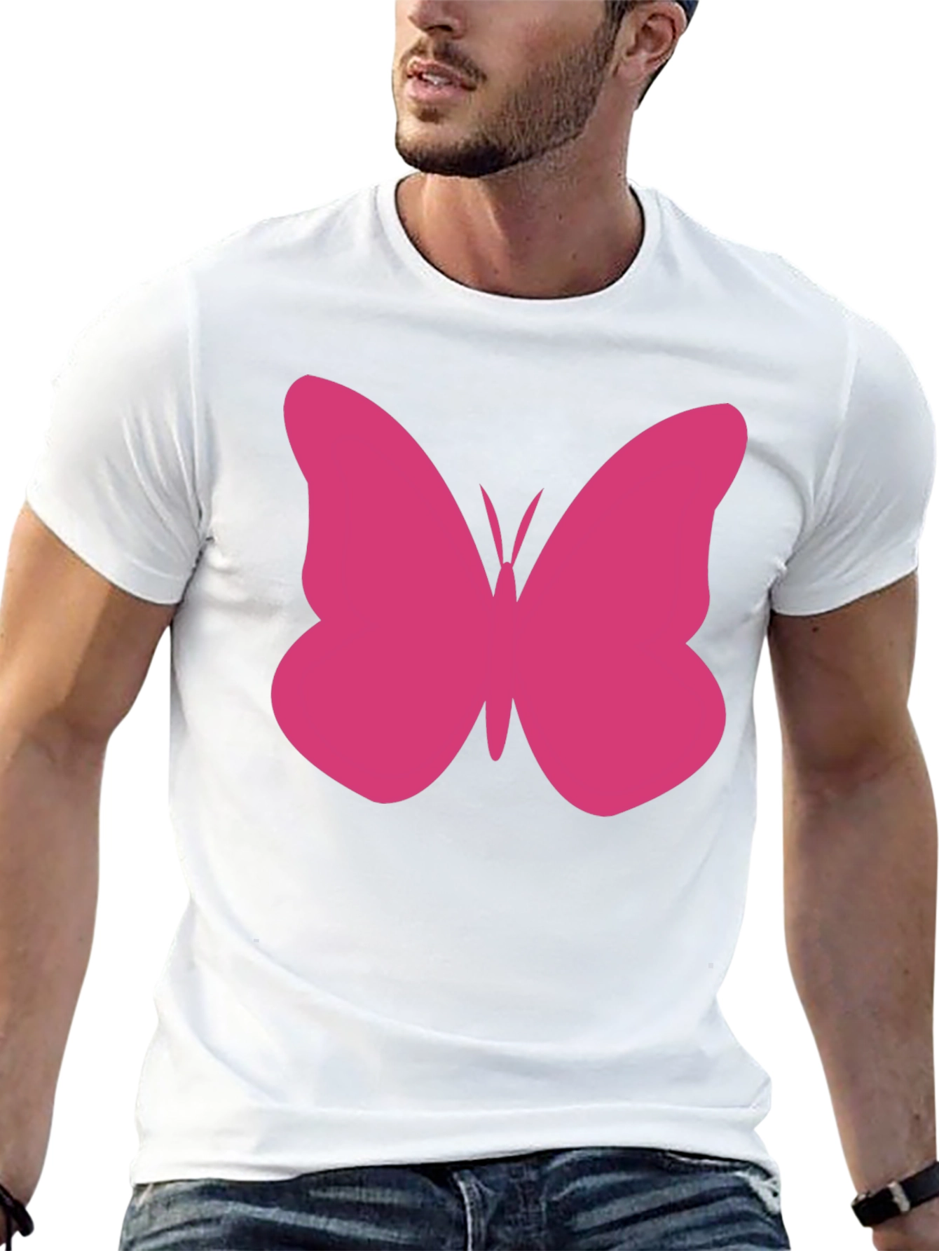 Pink Butterfly Graphic Tee - Black Cotton Casual Shirt