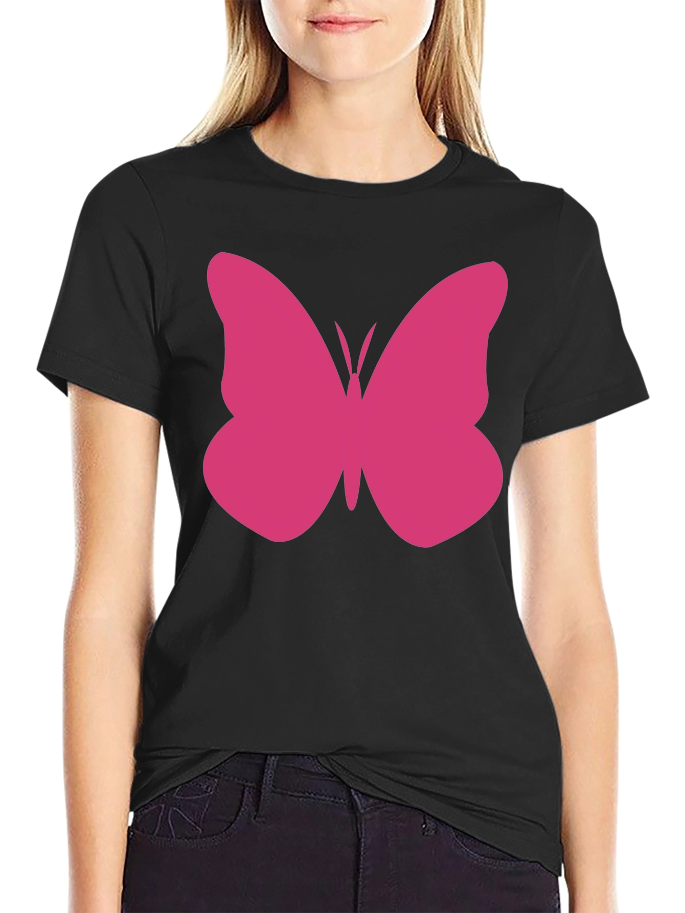 Pink Butterfly Graphic Tee - Black Cotton Casual Shirt