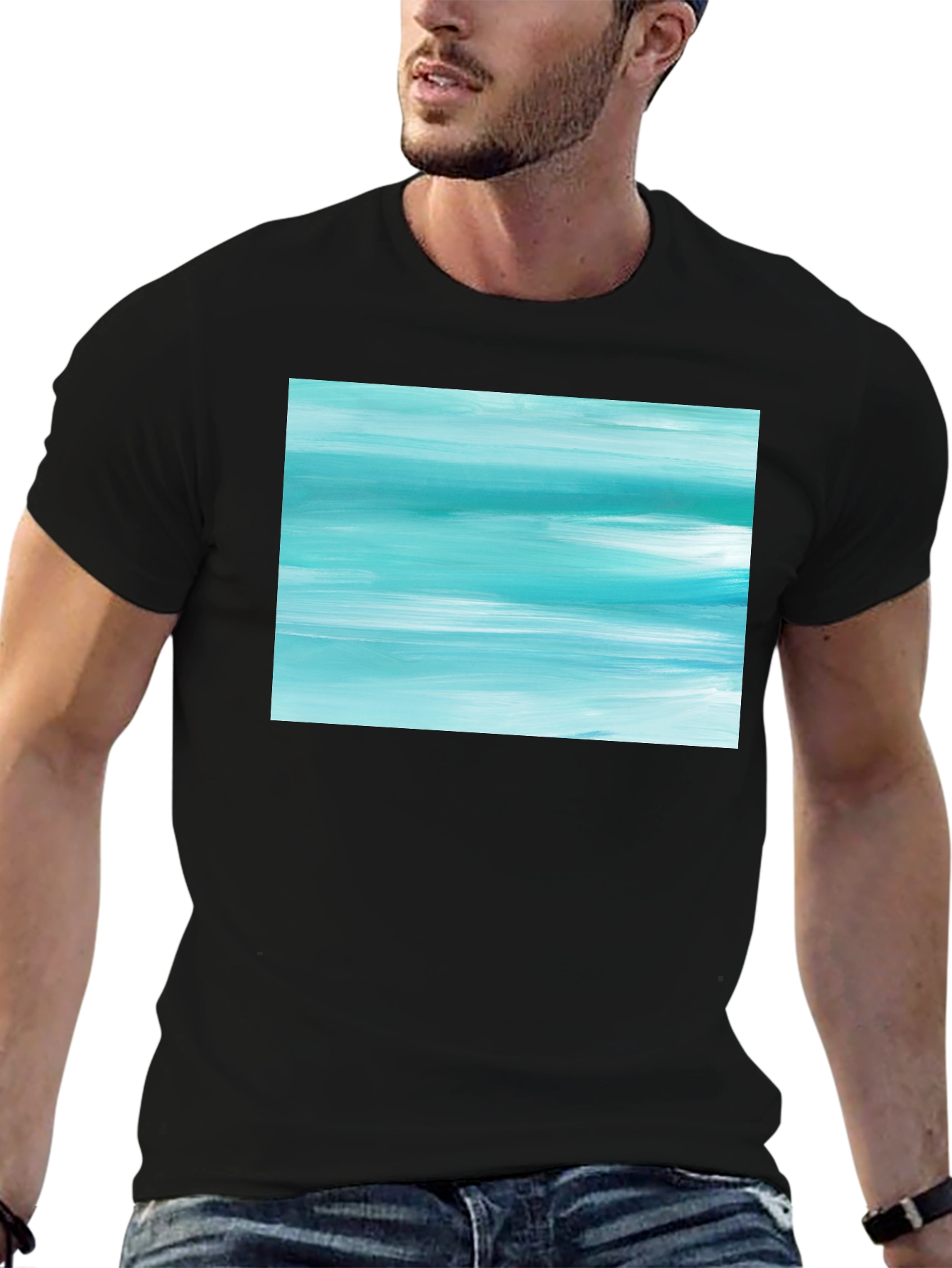 Abstract Aqua Brushstroke Graphic Tee - Soft Cotton