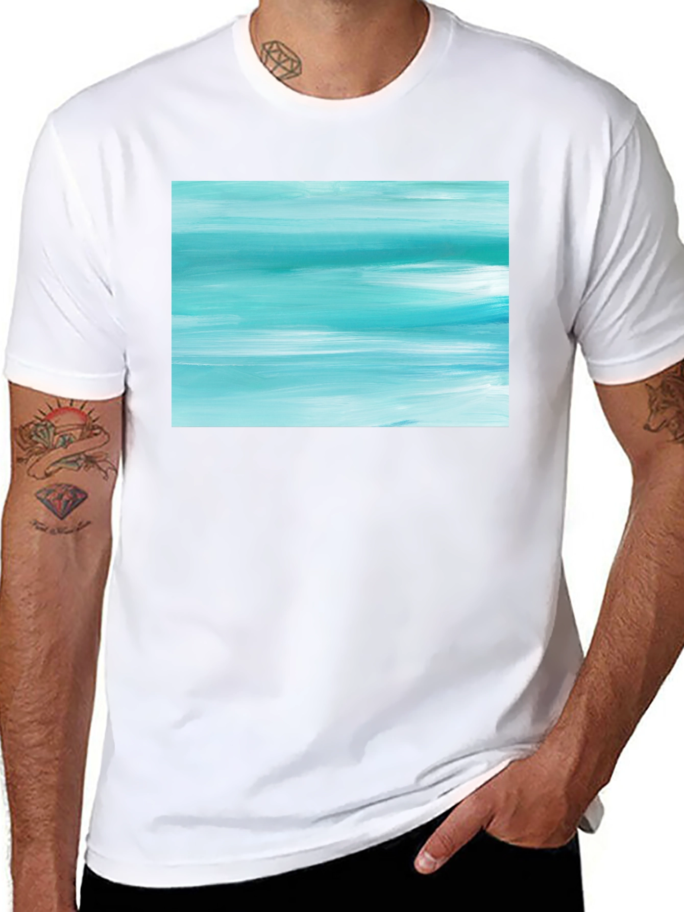 Abstract Aqua Brushstroke Graphic Tee - Soft Cotton