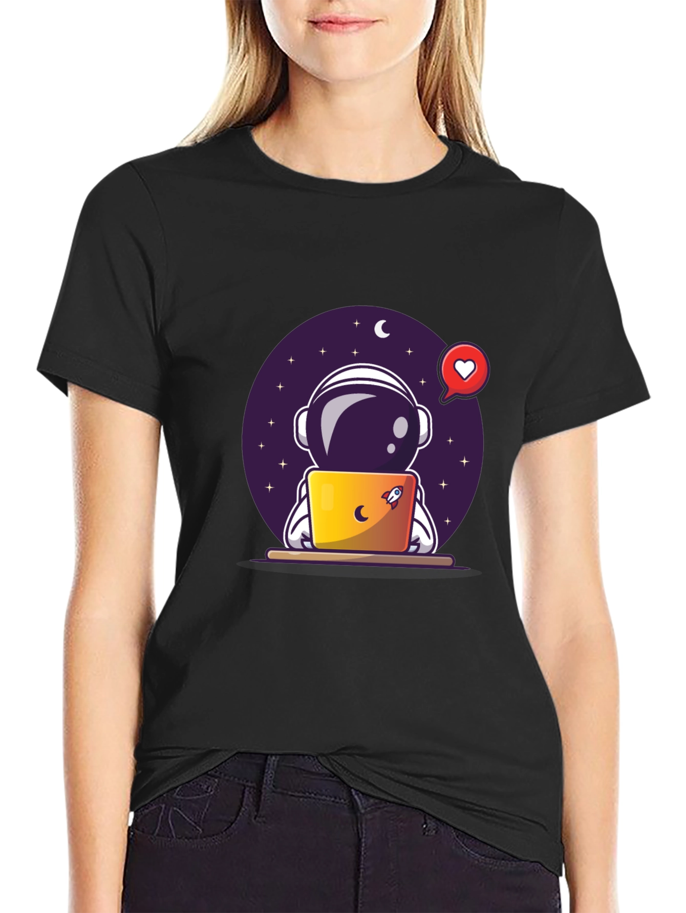 Astronaut on Laptop Graphic Tee - Black T-Shirt